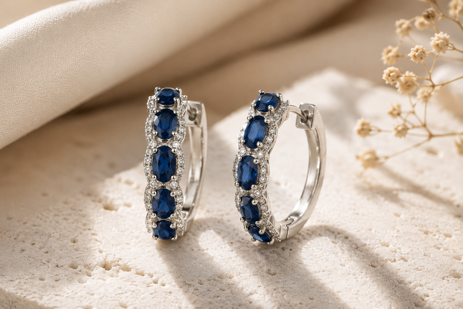 Oval Blue Sapphire and Diamond Hoops Blue Sapphire