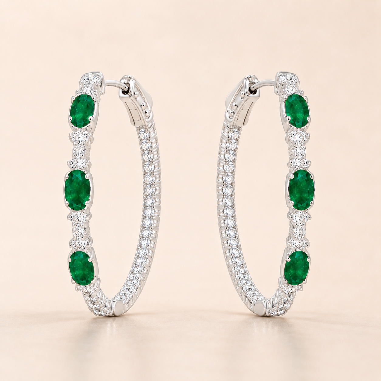 Emerald Oval Cut Diamond Hoops Emerald