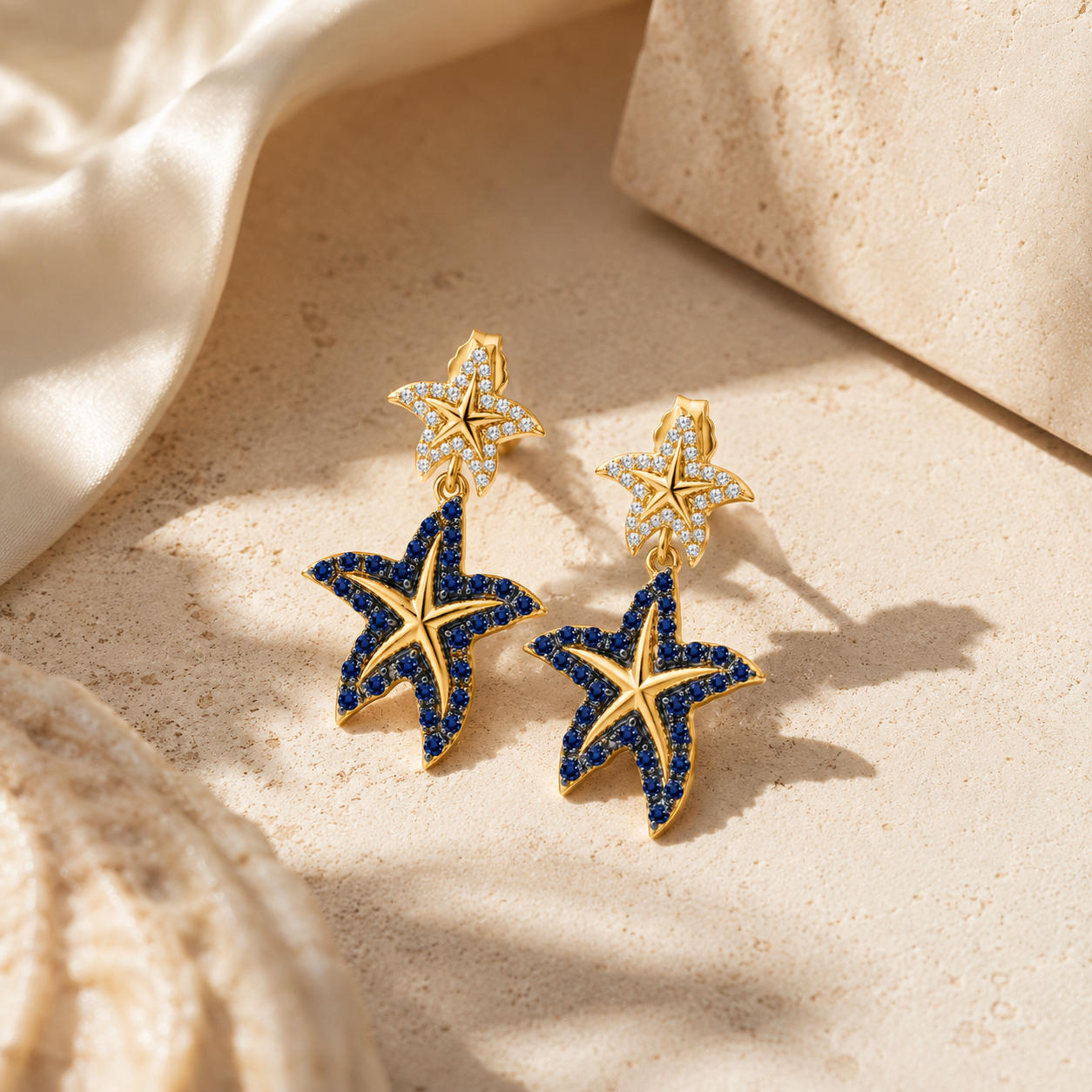 Sapphire & Diamond Starfish Dangle Earrings