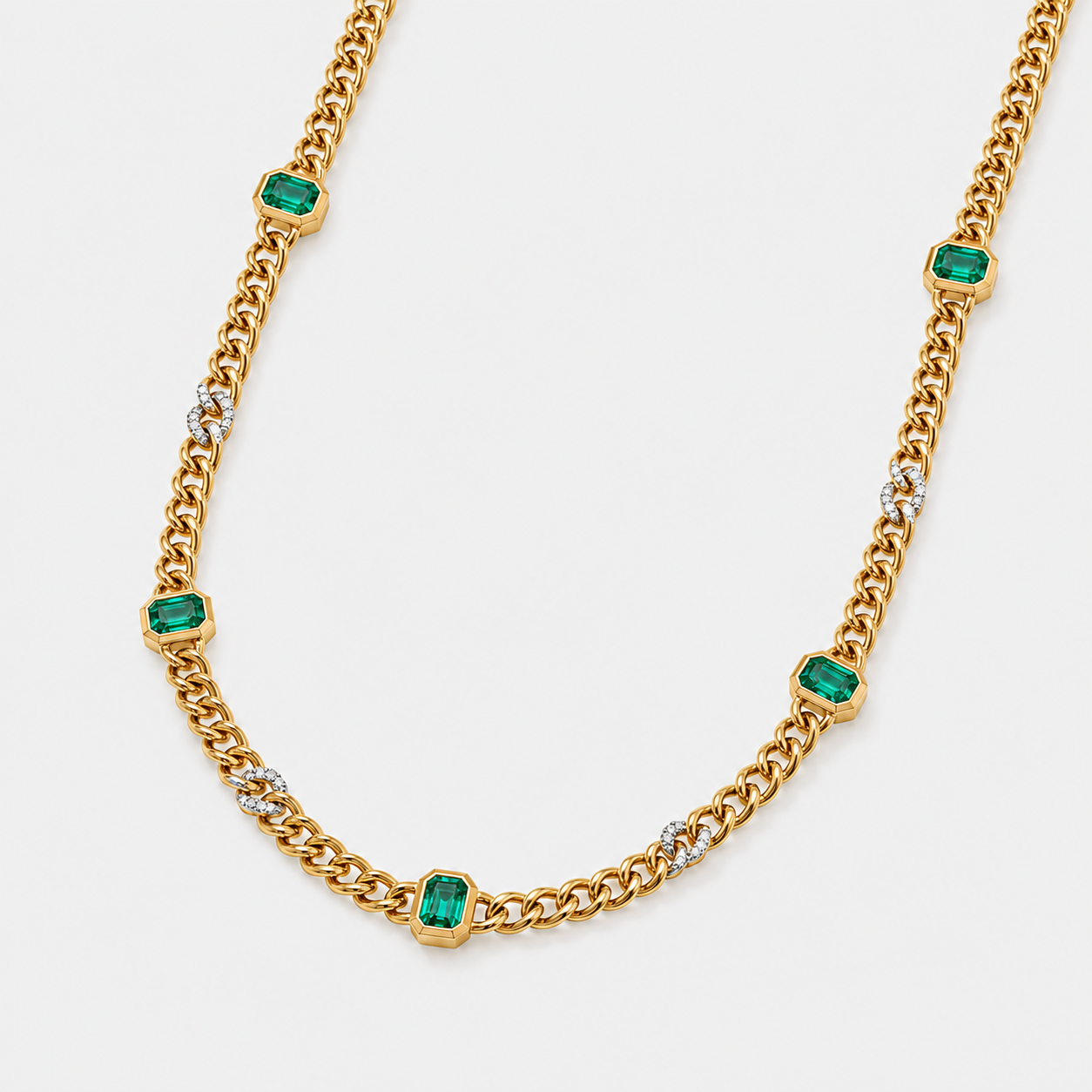 Emerald & Diamond Curb Station Necklace Emerald