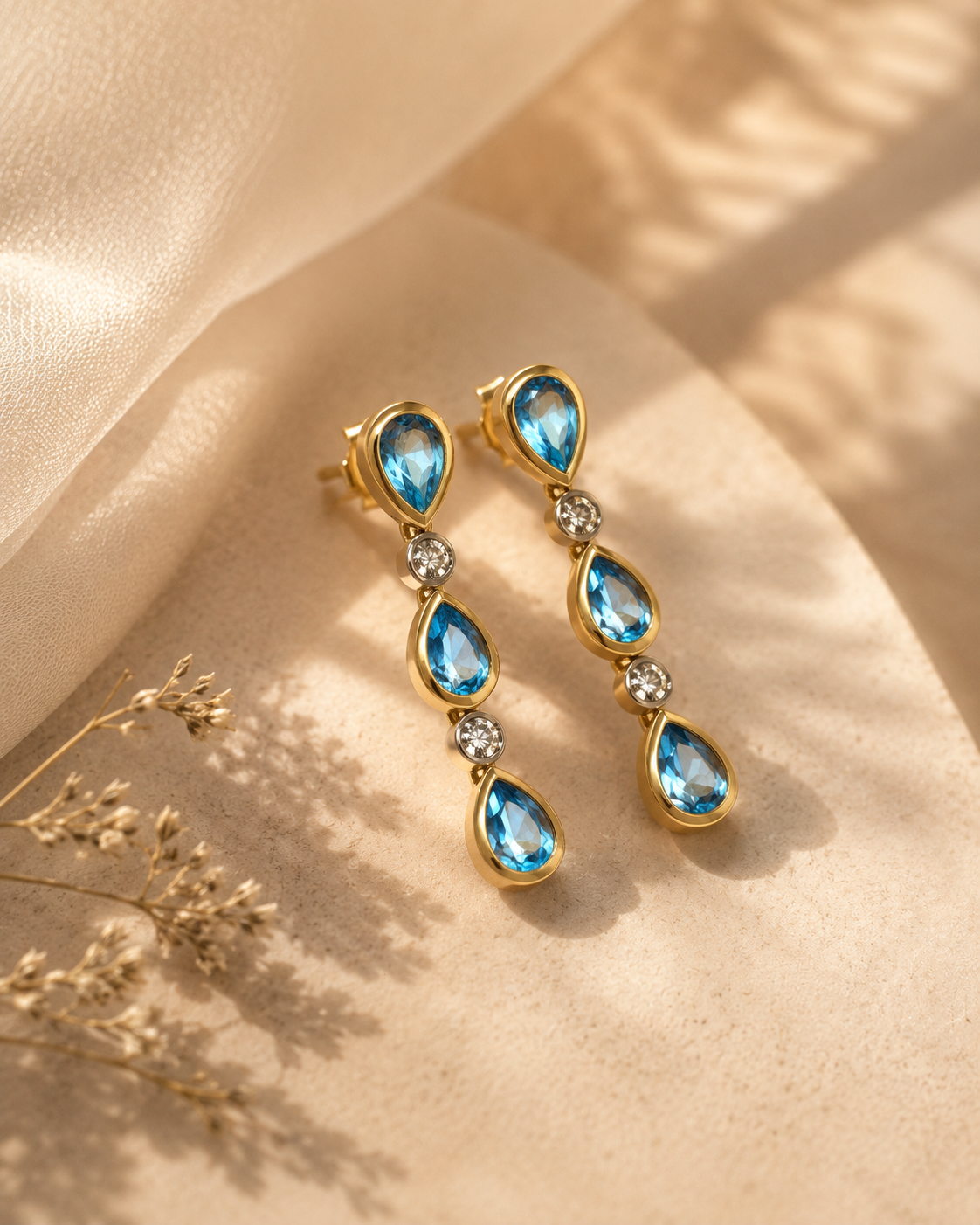 Reverse Tear Drop Topaz & Diamond Dangle Earrings BLUE TOPAZ