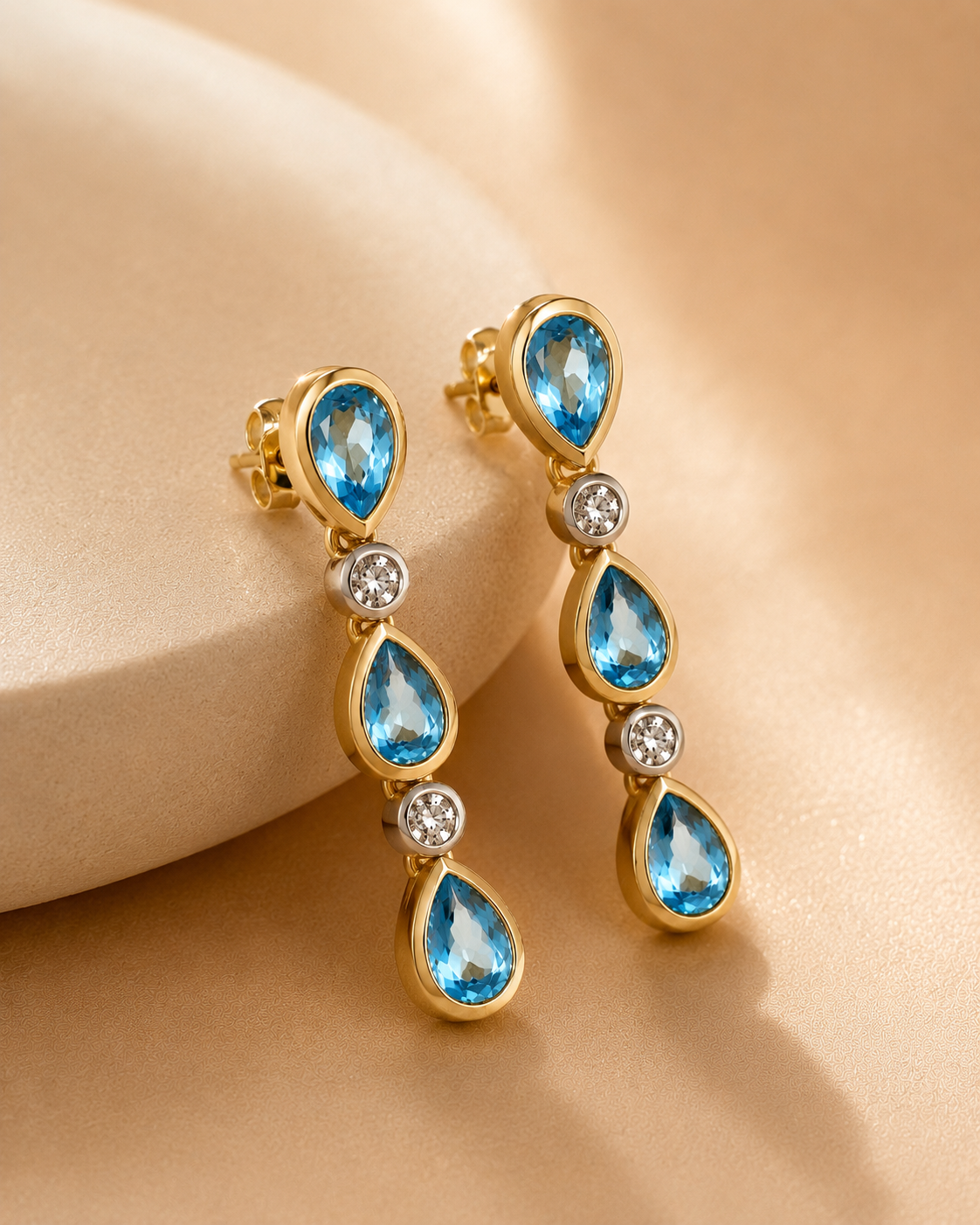 Reverse Tear Drop Topaz & Diamond Dangle Earrings BLUE TOPAZ