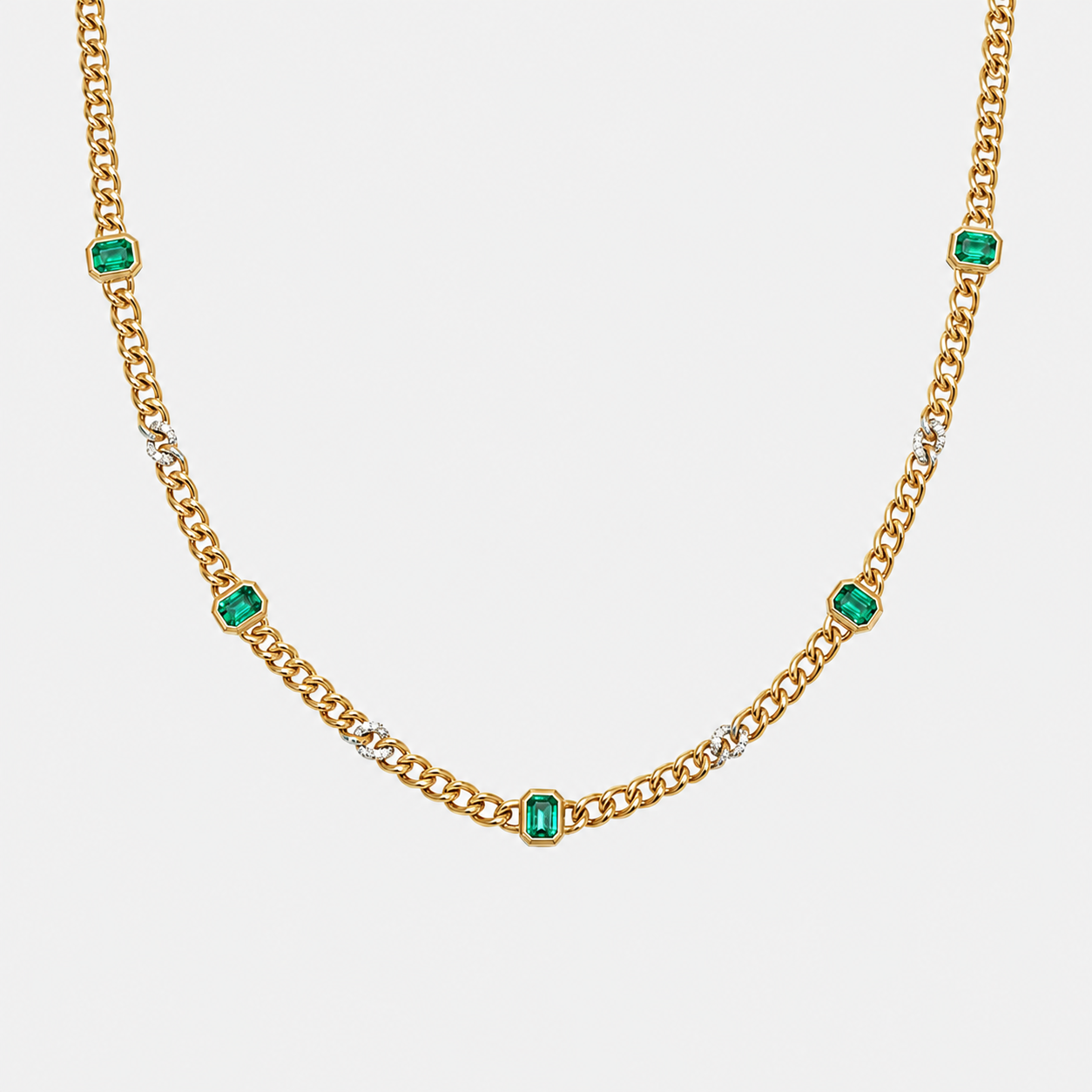 Emerald & Diamond Curb Station Necklace Emerald