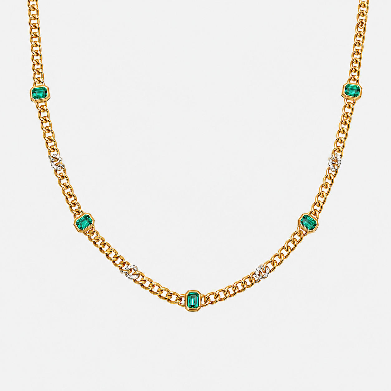 Emerald & Diamond Curb Station Necklace Emerald
