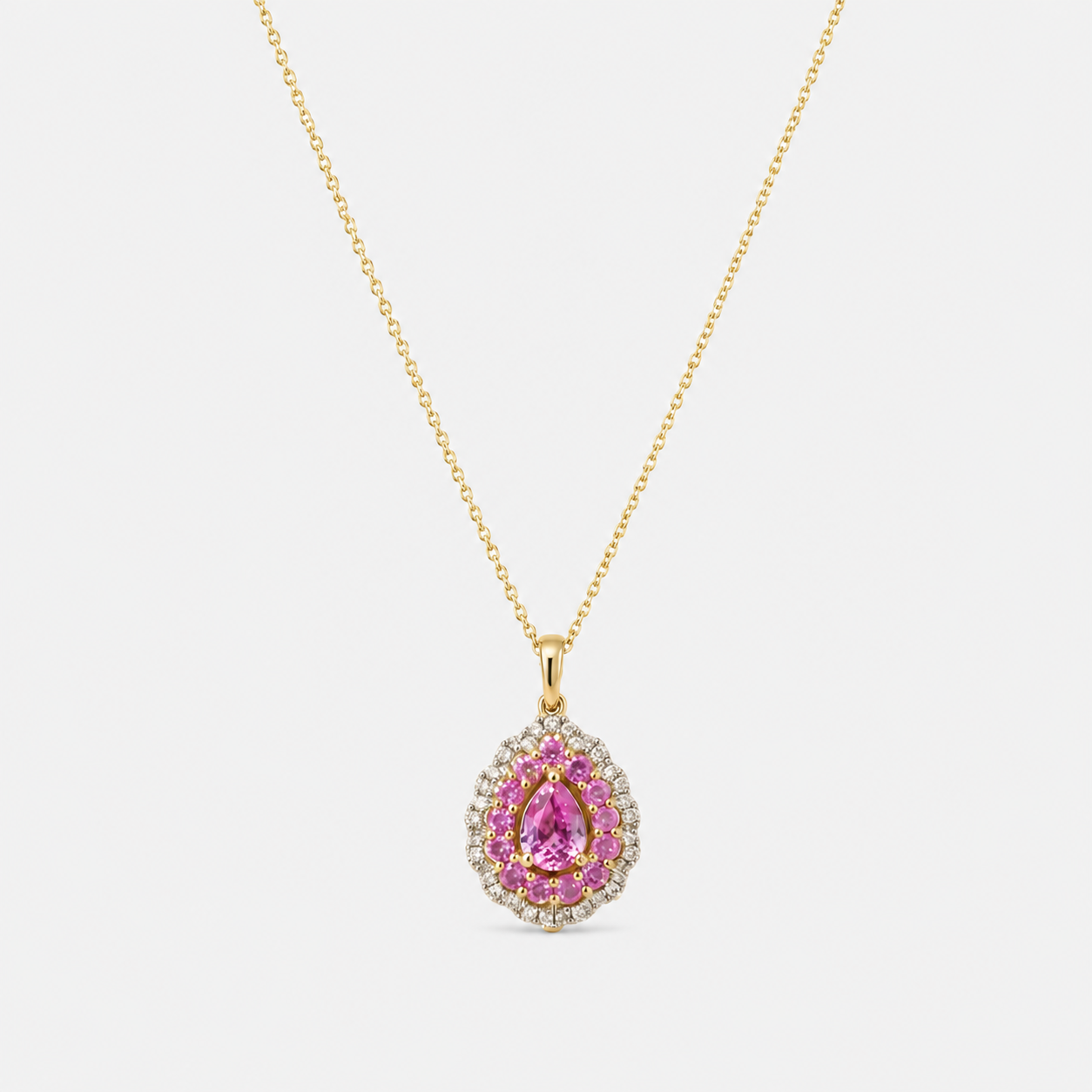 Radiating Pear Halo Pendant Pink Sapphire