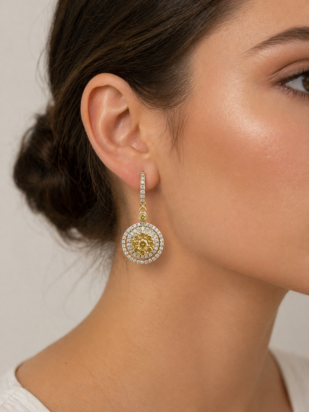 Yellow and White Diamond Dual Halo Drop Earrings Yellow Diamond