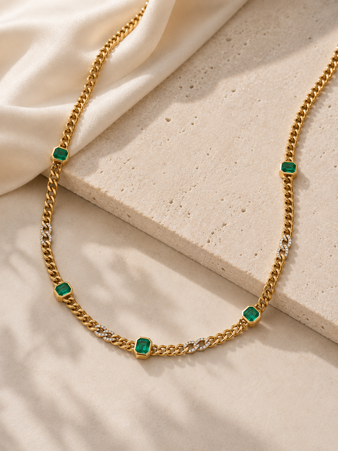 Emerald & Diamond Curb Station Necklace Emerald