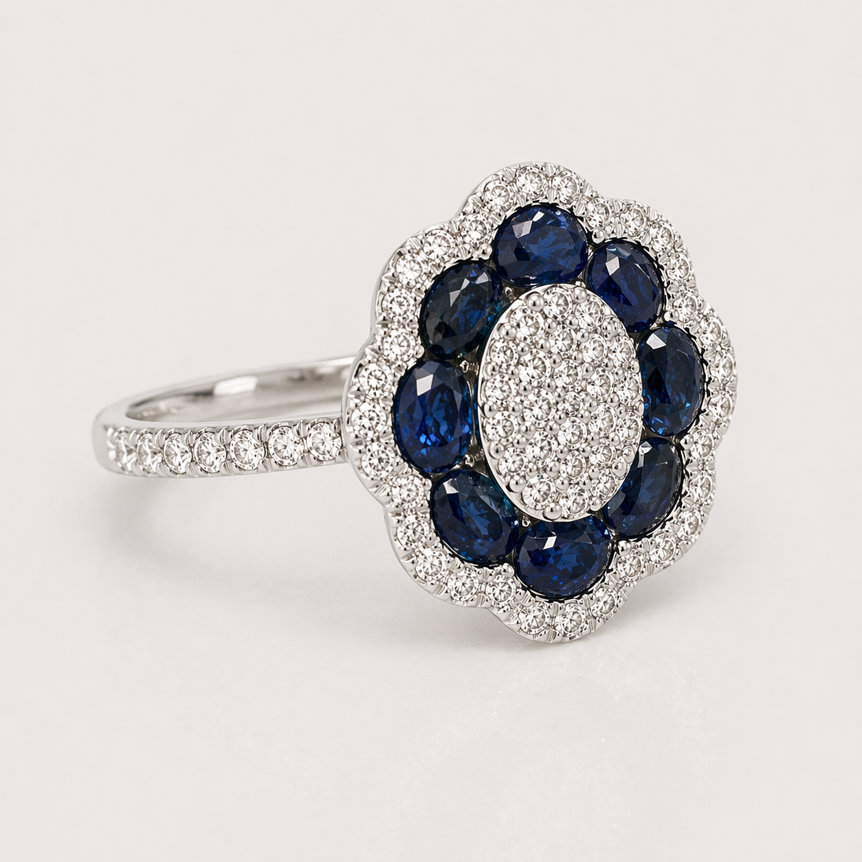 White Diamond and Blue Sapphire Large Flower Ring Blue Sapphire
