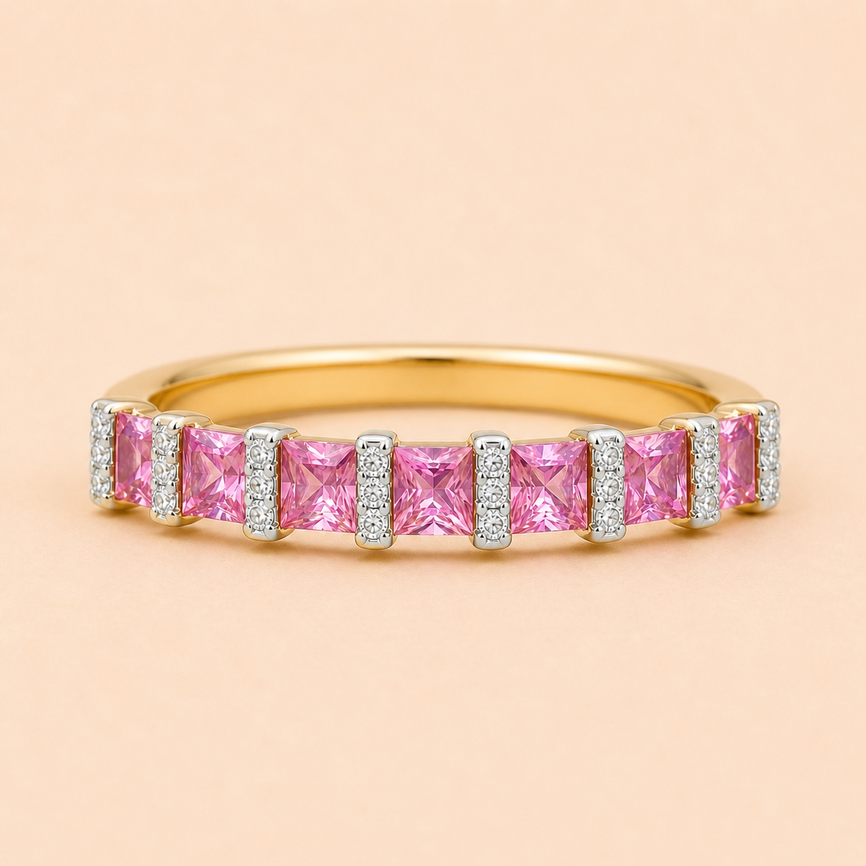 Princess Pink Sapphire & White Diamond Band Ruby