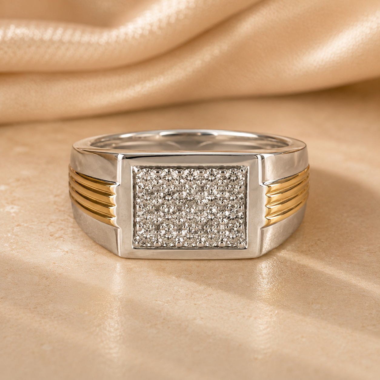 Two Tone Diamond Ribbed Men's Signet Ring White Diamond