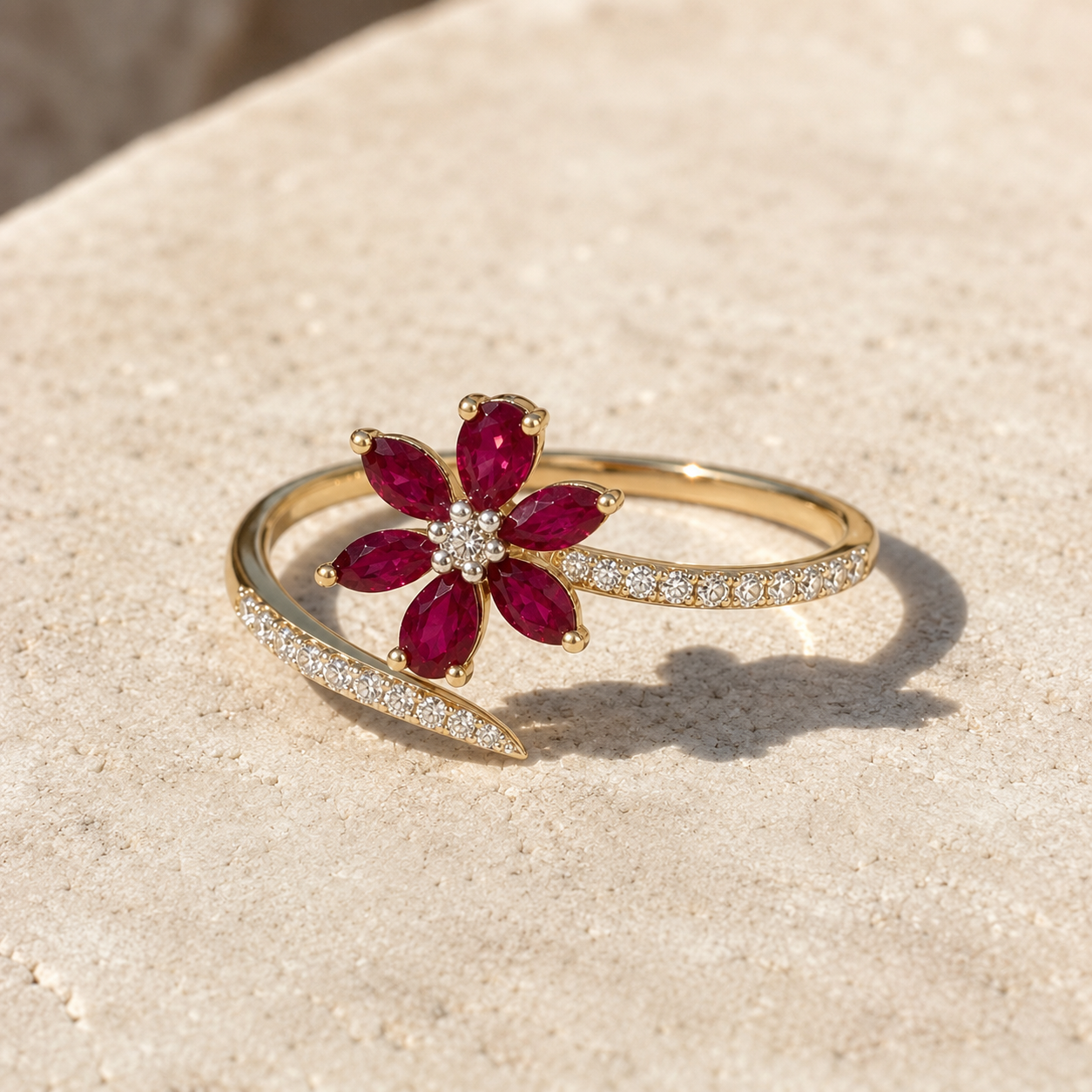 Ruby & Diamond Blooming Flower Ring Ruby