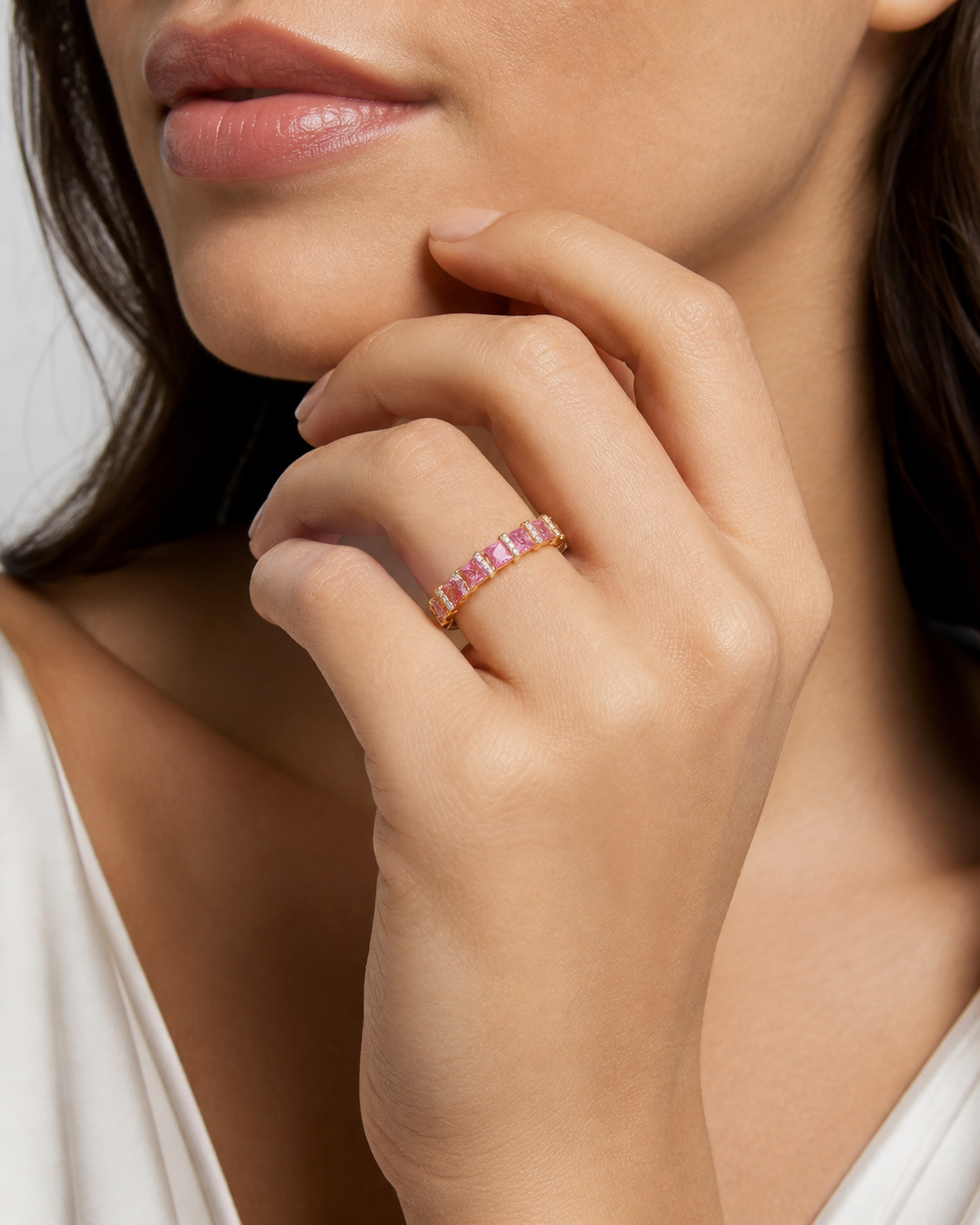 Princess Pink Sapphire & White Diamond Band Ruby