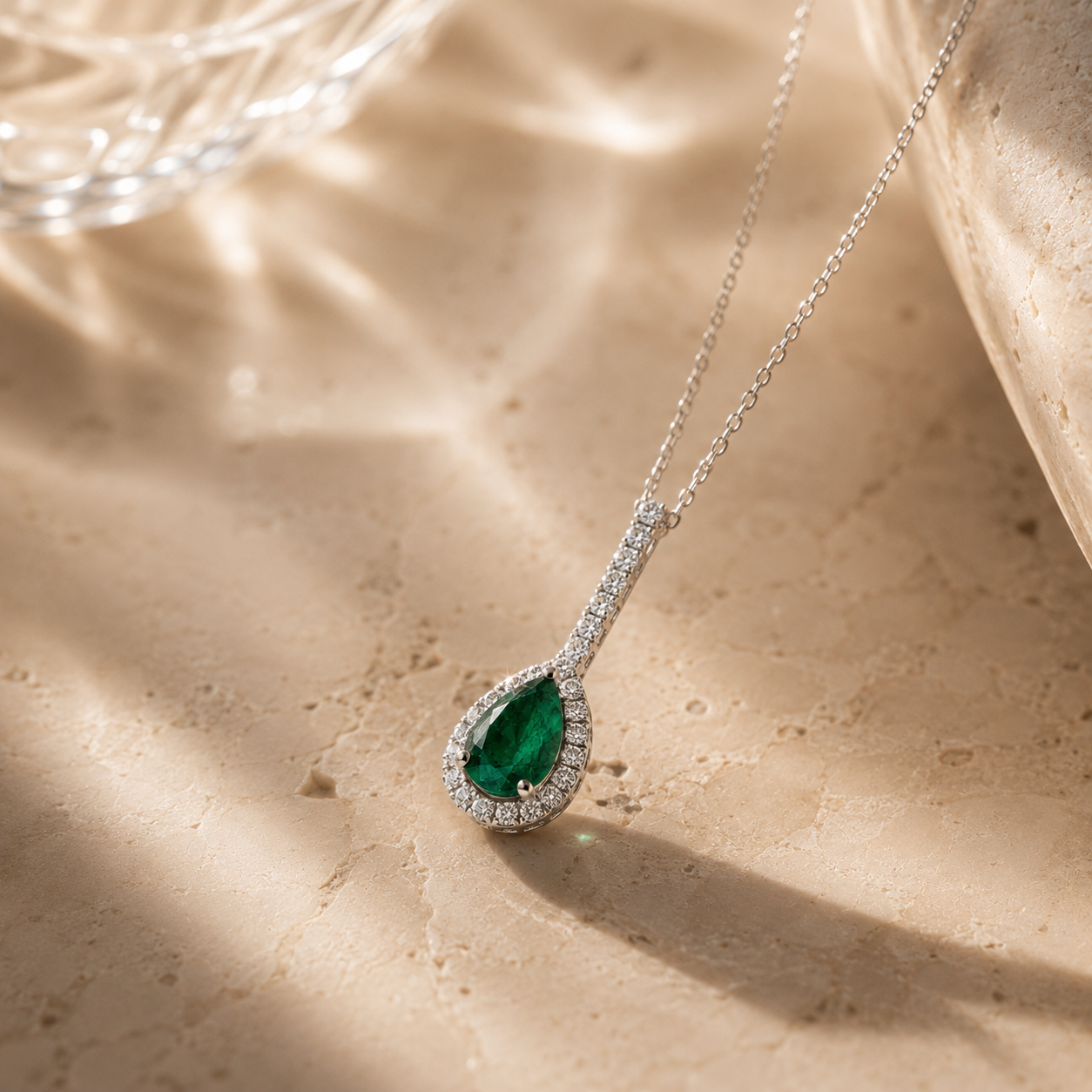 White Gold Diamond Emerald Pendant Emerald