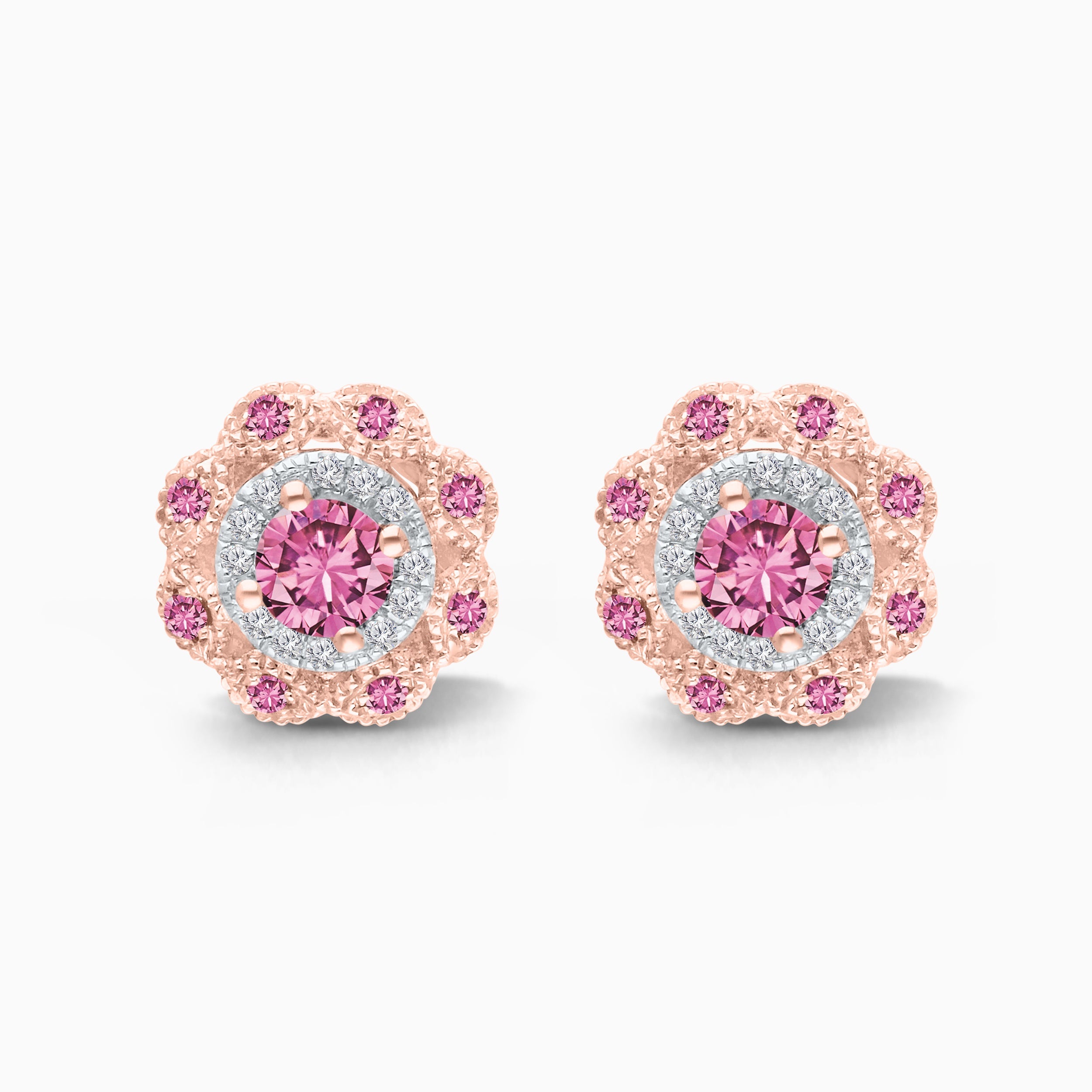 Rose Gold Pink Sapphire Halo Studs