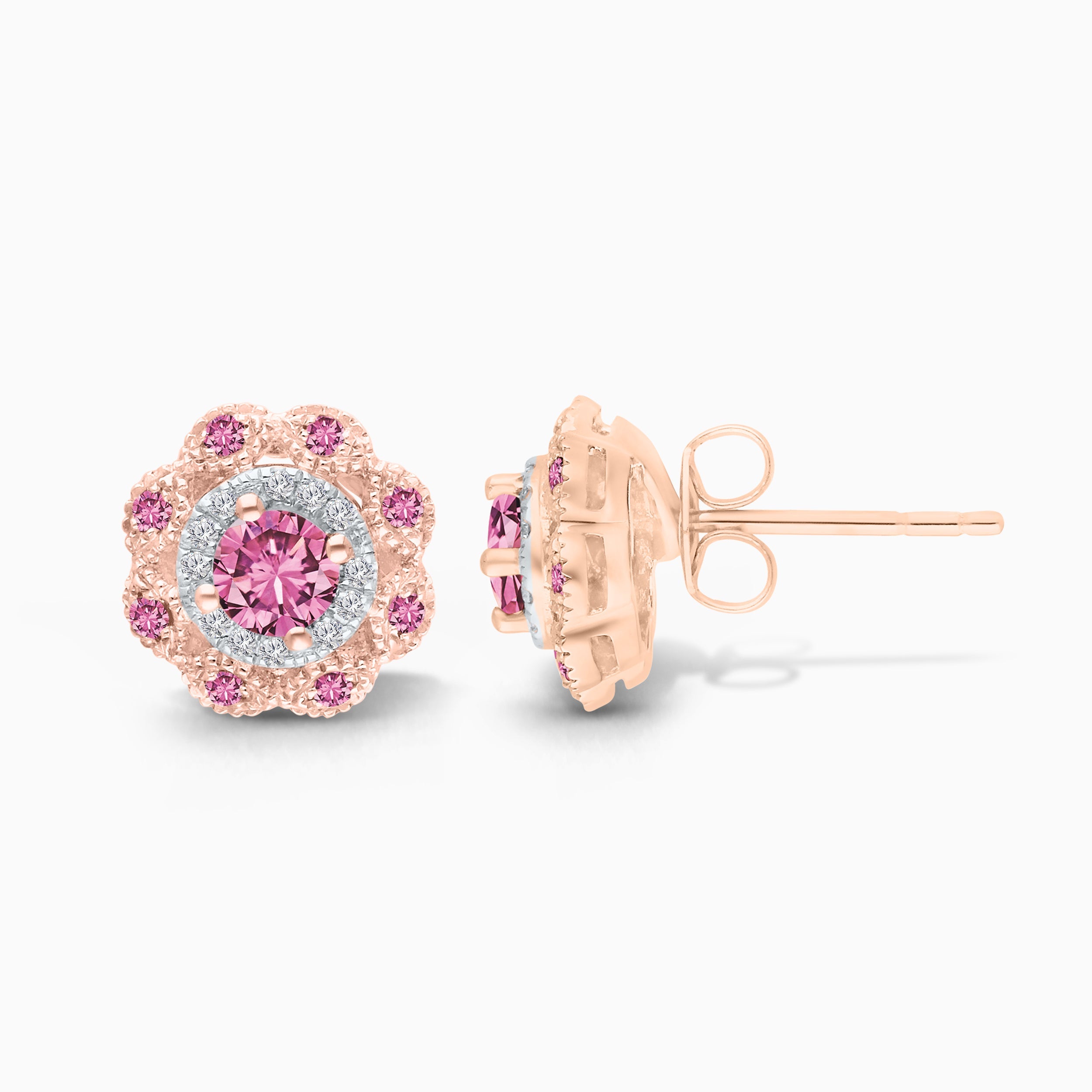 Rose Gold Pink Sapphire Halo Studs