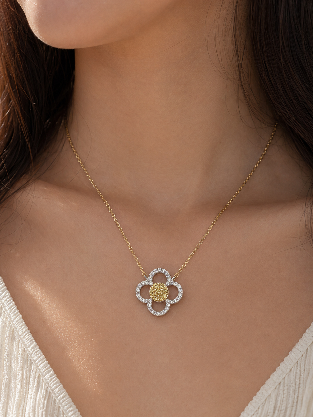Yellow & White Diamond Open Floral Pendant Yellow Diamond