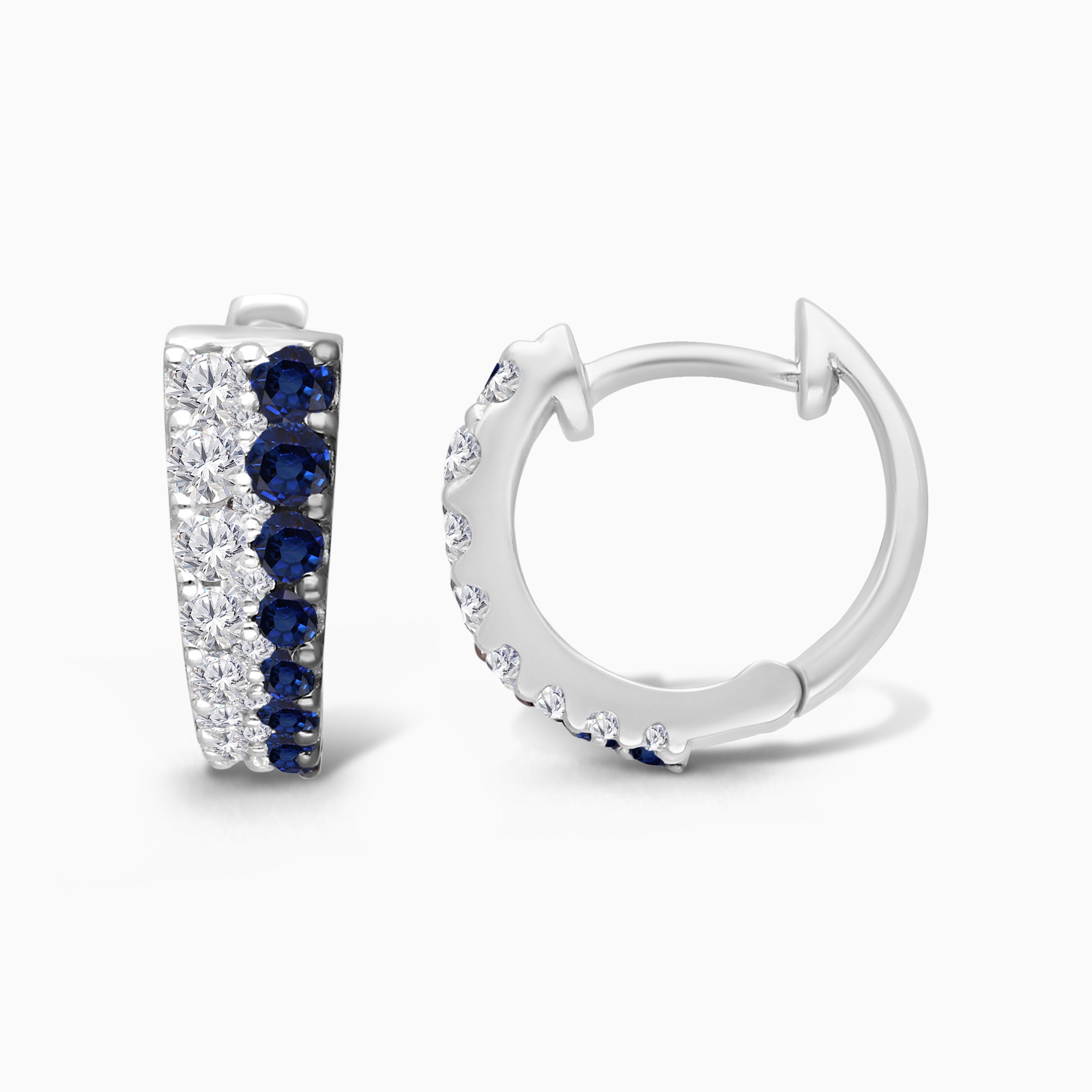 Tapered Blue Sapphire and White Diamond Huggies
