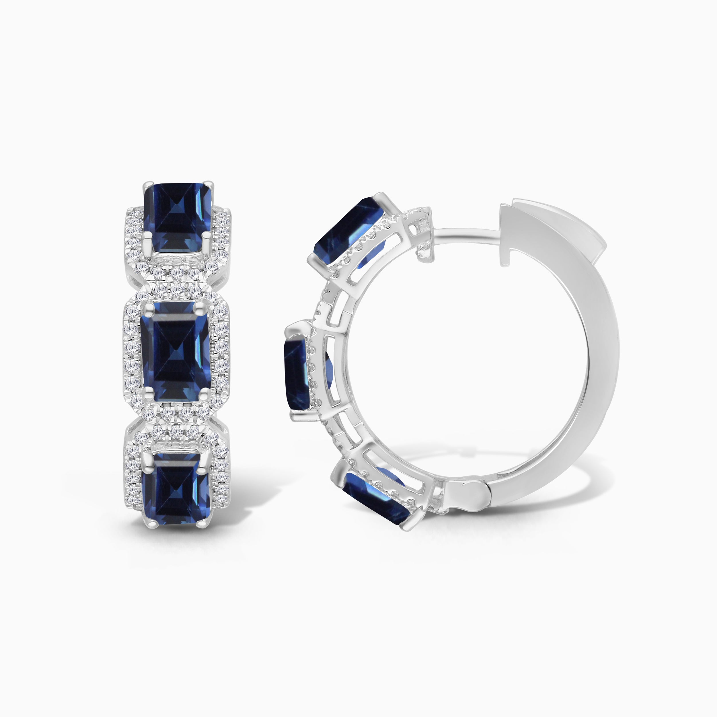 Emerald Cut Blue Sapphire and White Diamond Huggies