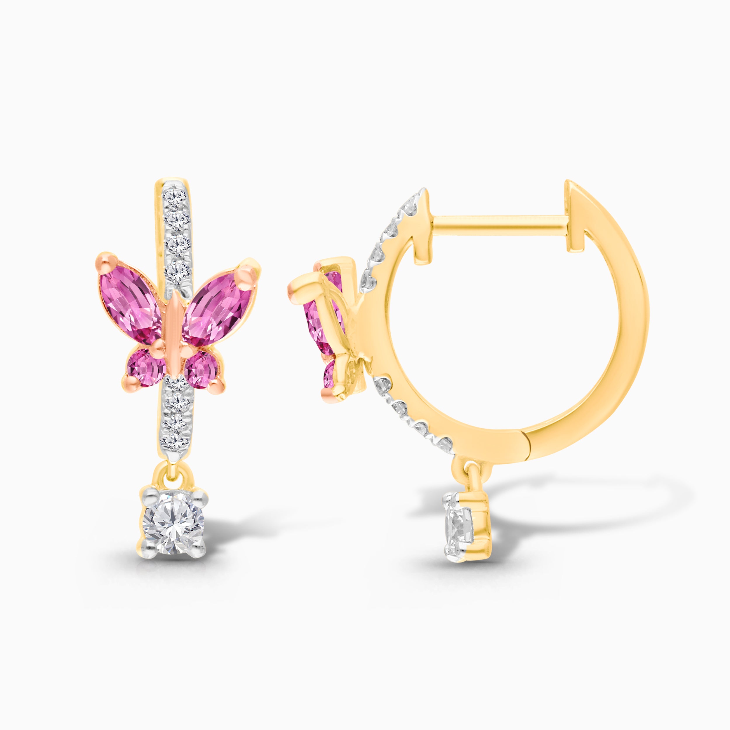 Butterfly Pink Sapphire & Diamond Drop Huggies
