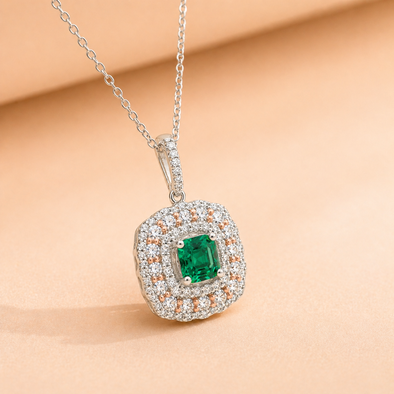 Rose & White Gold Colombian Emerald Diamond Pendant Emerald