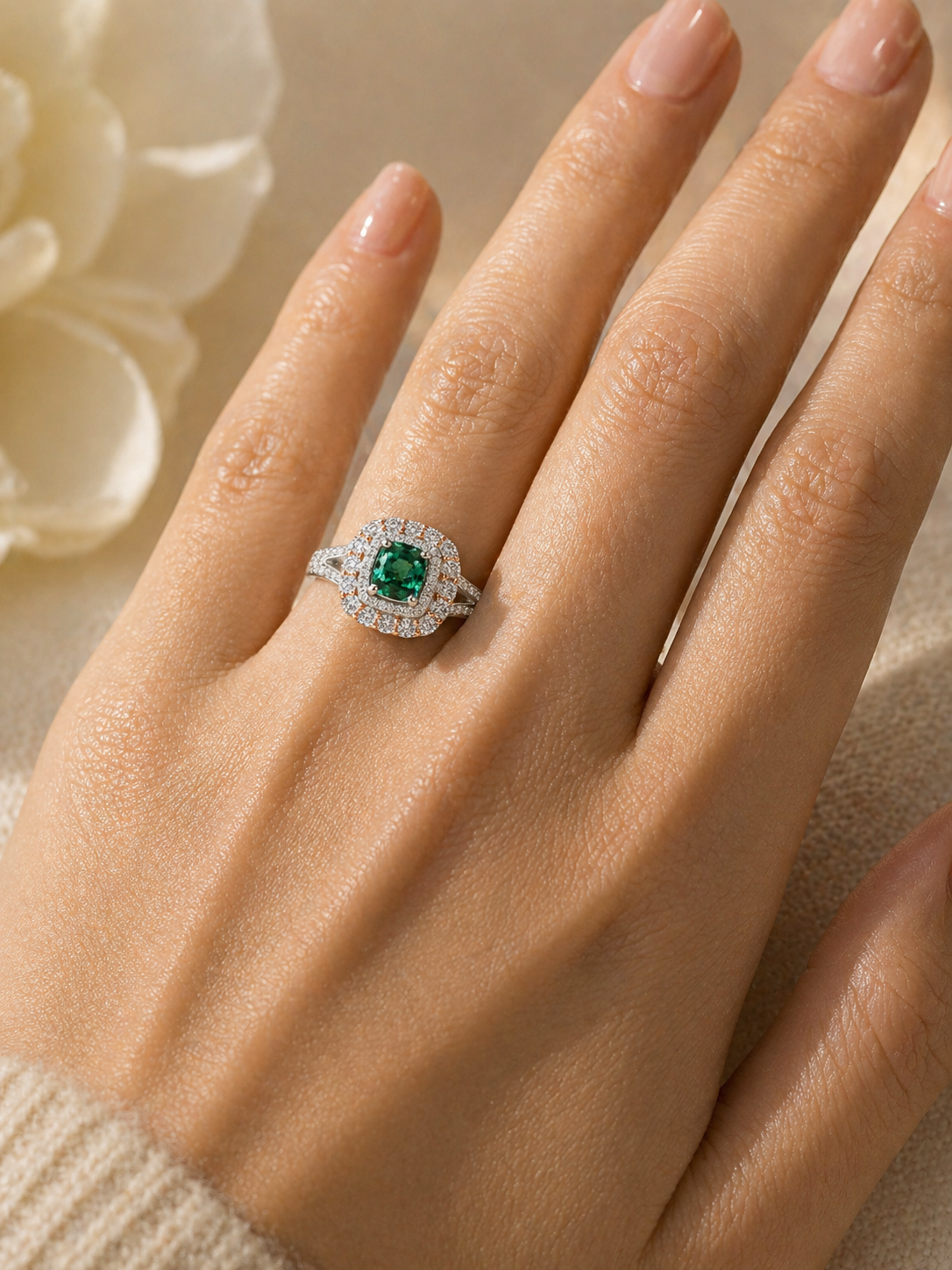 Rose & White Gold Colombian Emerald Ring Emerald