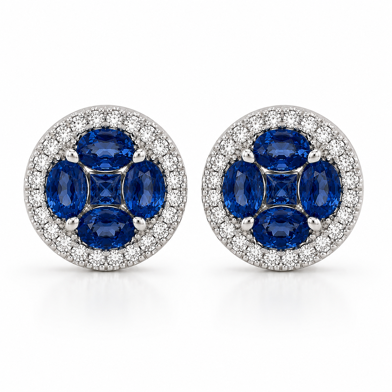 Blue Sapphire and White Diamond Clover Studs Blue Sapphire