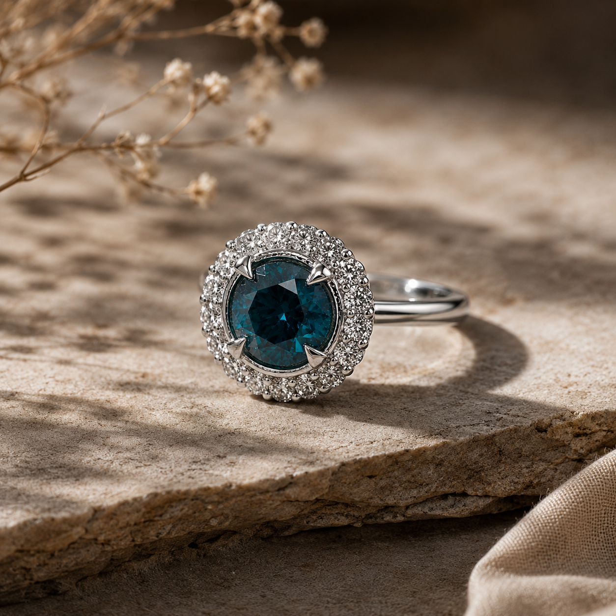 Curved Halo Blue Diamond Ring blue diamond
