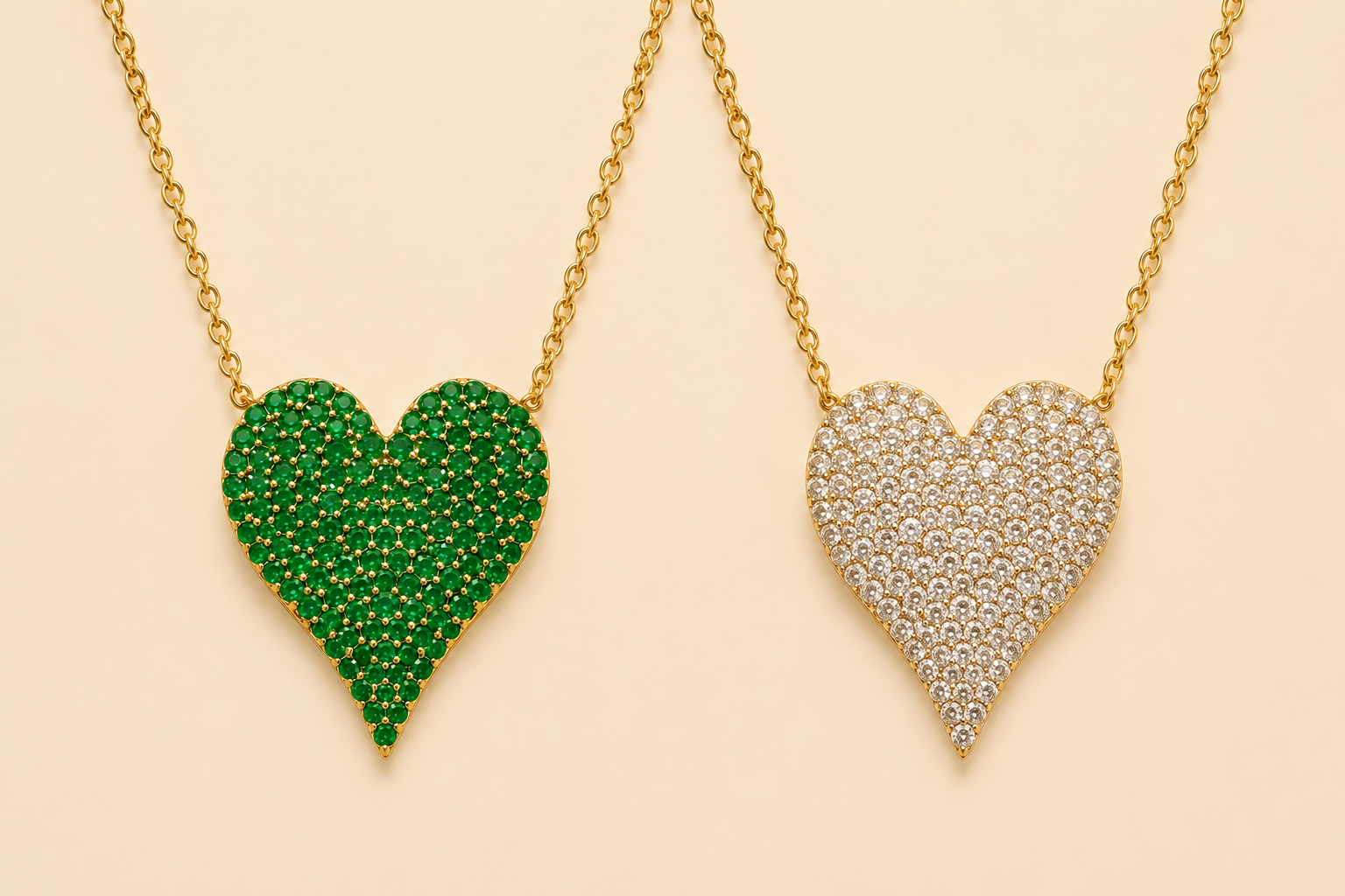 Dual Sided White Diamond & Emerald Heart Necklace hearts