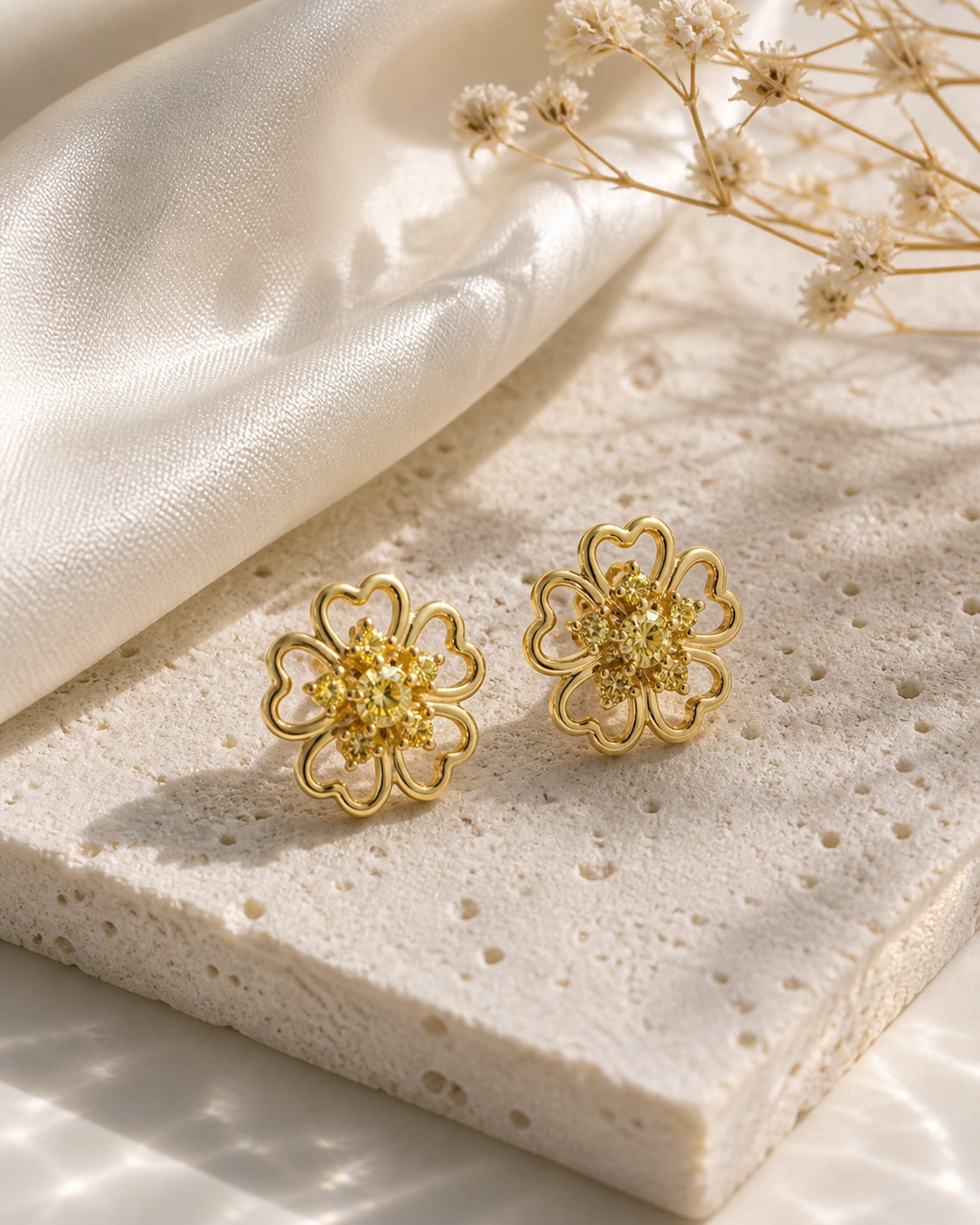 Yellow Gold & Yellow Diamond Open Floral Studs Yellow Diamond
