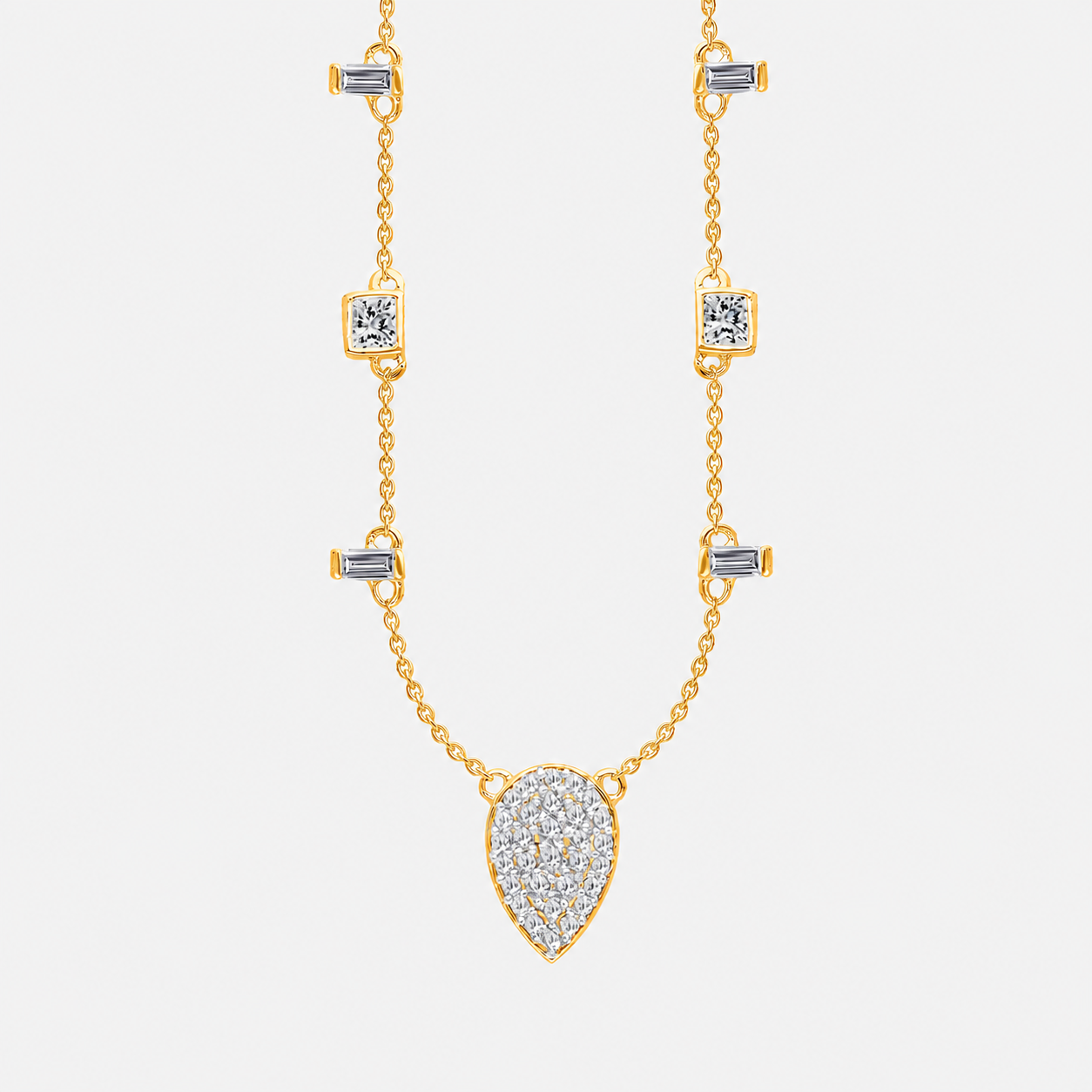 Pave Pear Diamond Station Necklace White Diamond