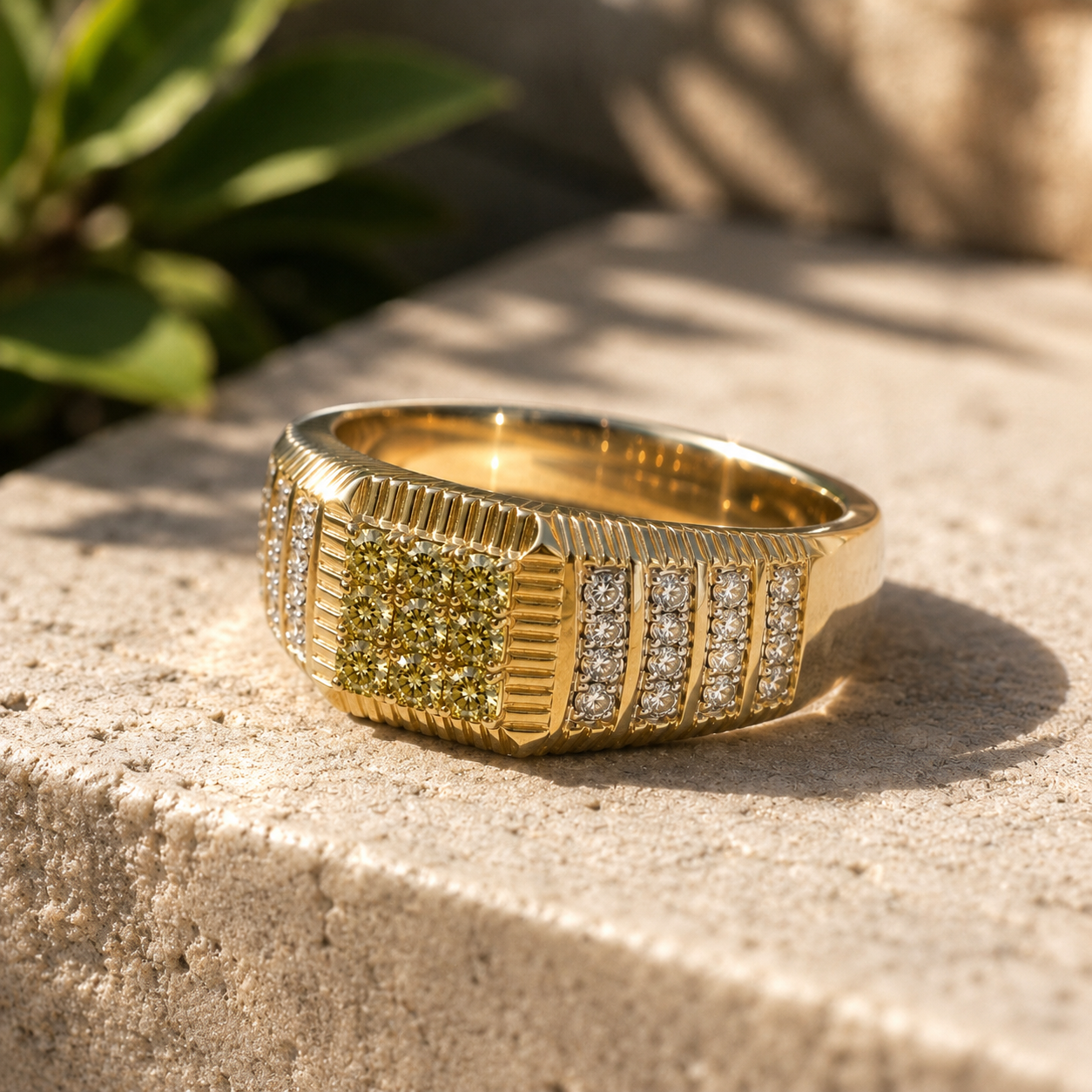 Yellow & White Diamond Cluster Mens Ring