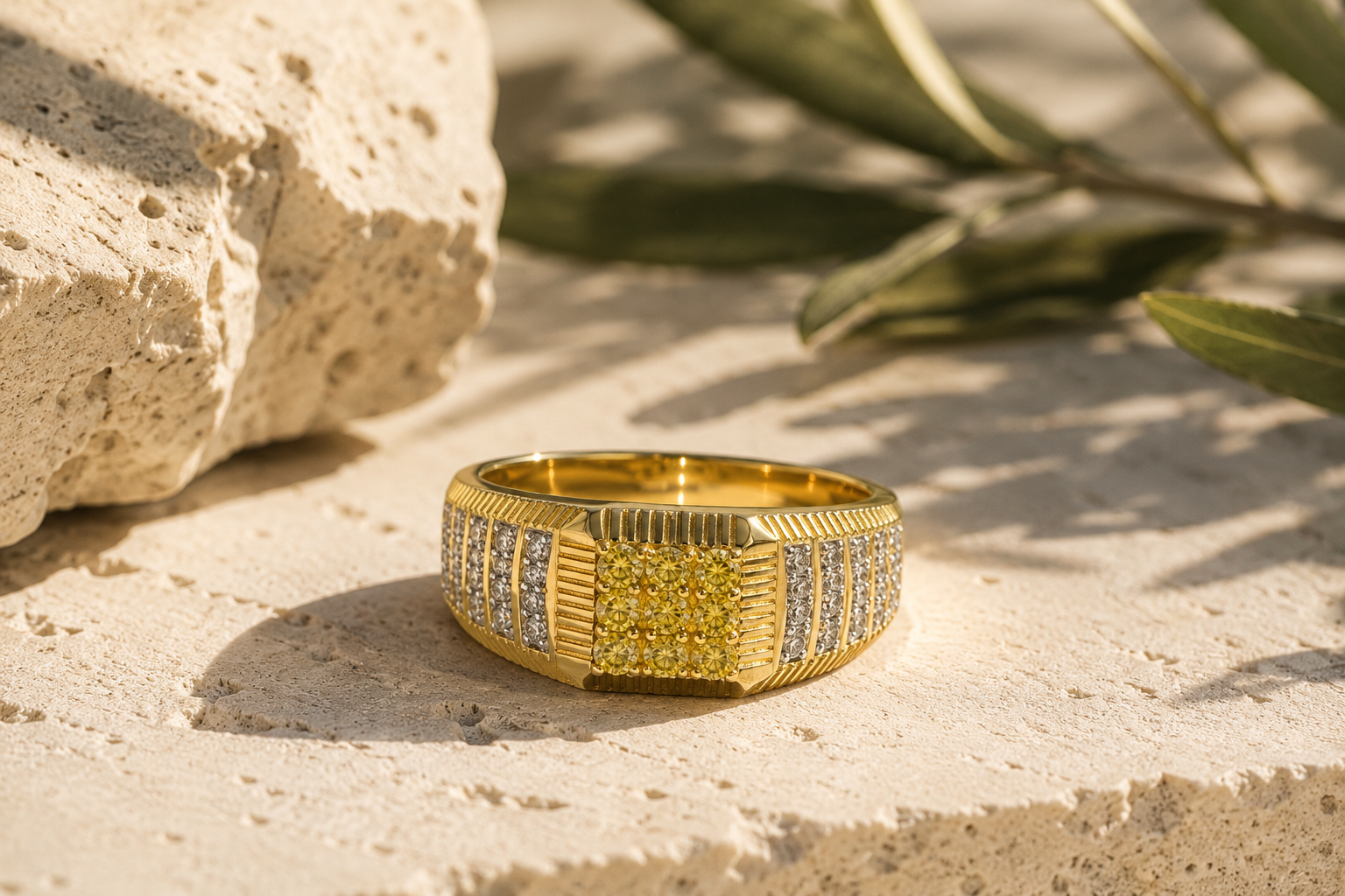 Yellow & White Diamond Cluster Mens Ring
