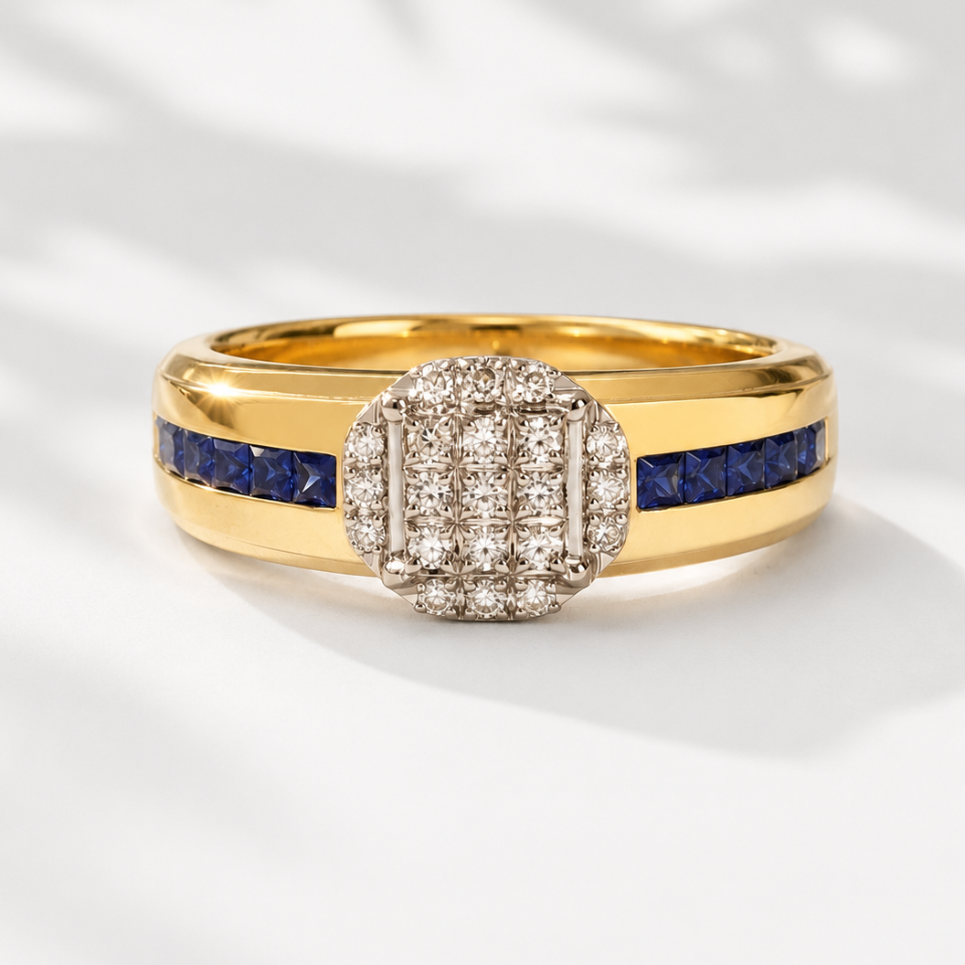 Diamond & Sapphire Mens Shield Ring MENS