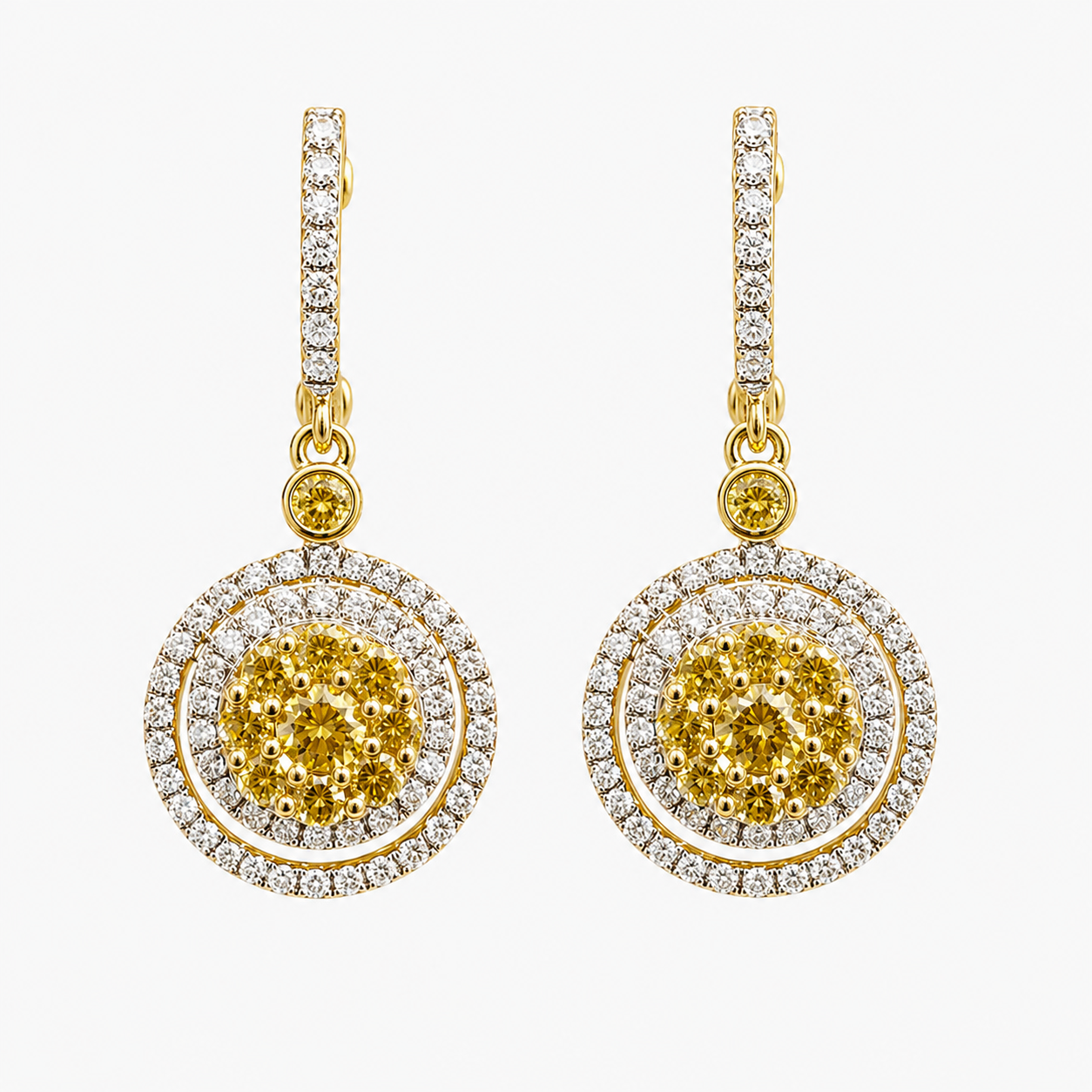 Yellow and White Diamond Dual Halo Drop Earrings Yellow Diamond