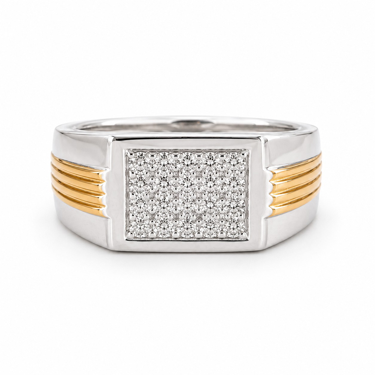 Two Tone Diamond Ribbed Men's Signet Ring White Diamond