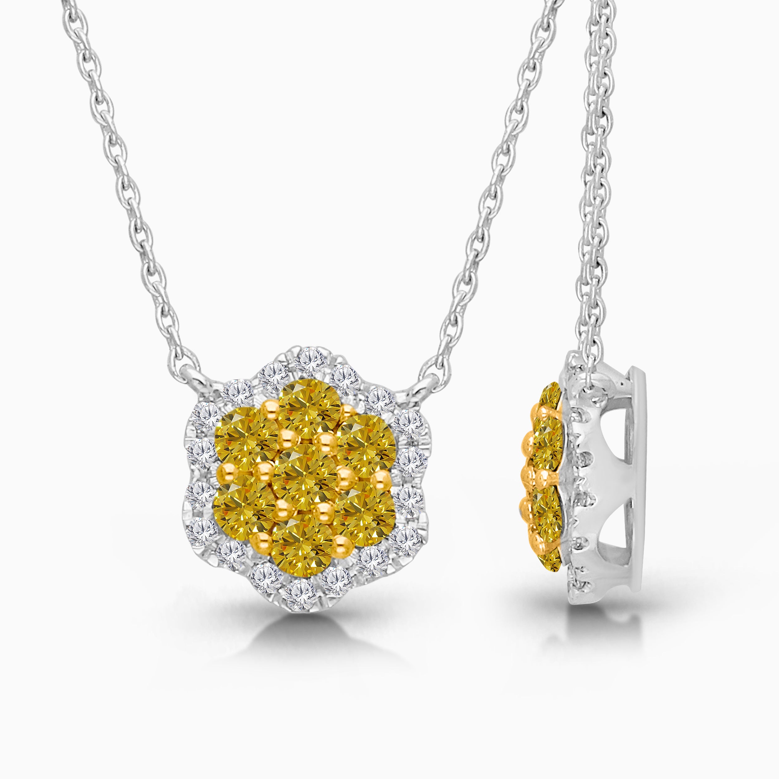 Pave Yellow and White Diamond Floral Pendant