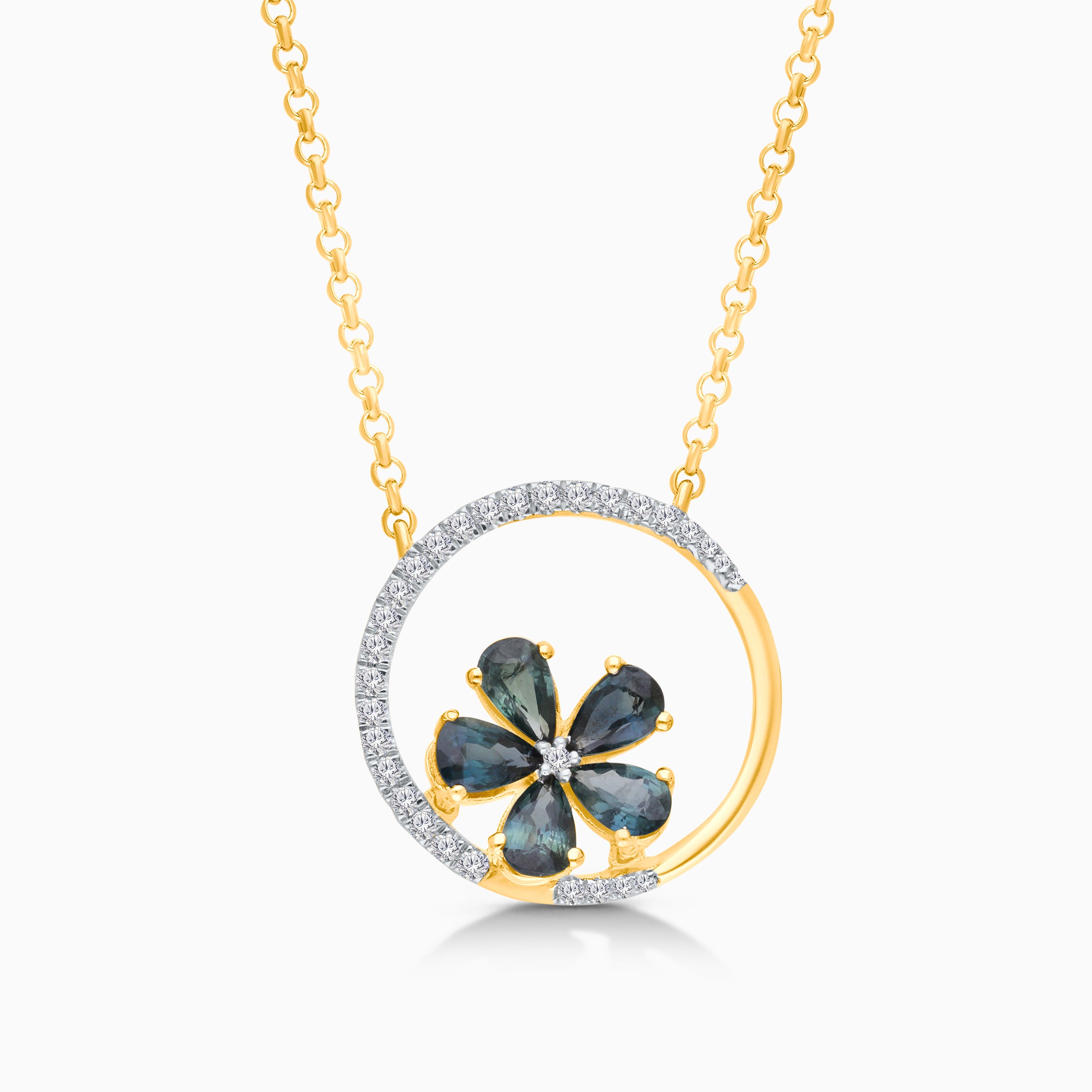 Teal Sapphire Flower & Diamond Necklace