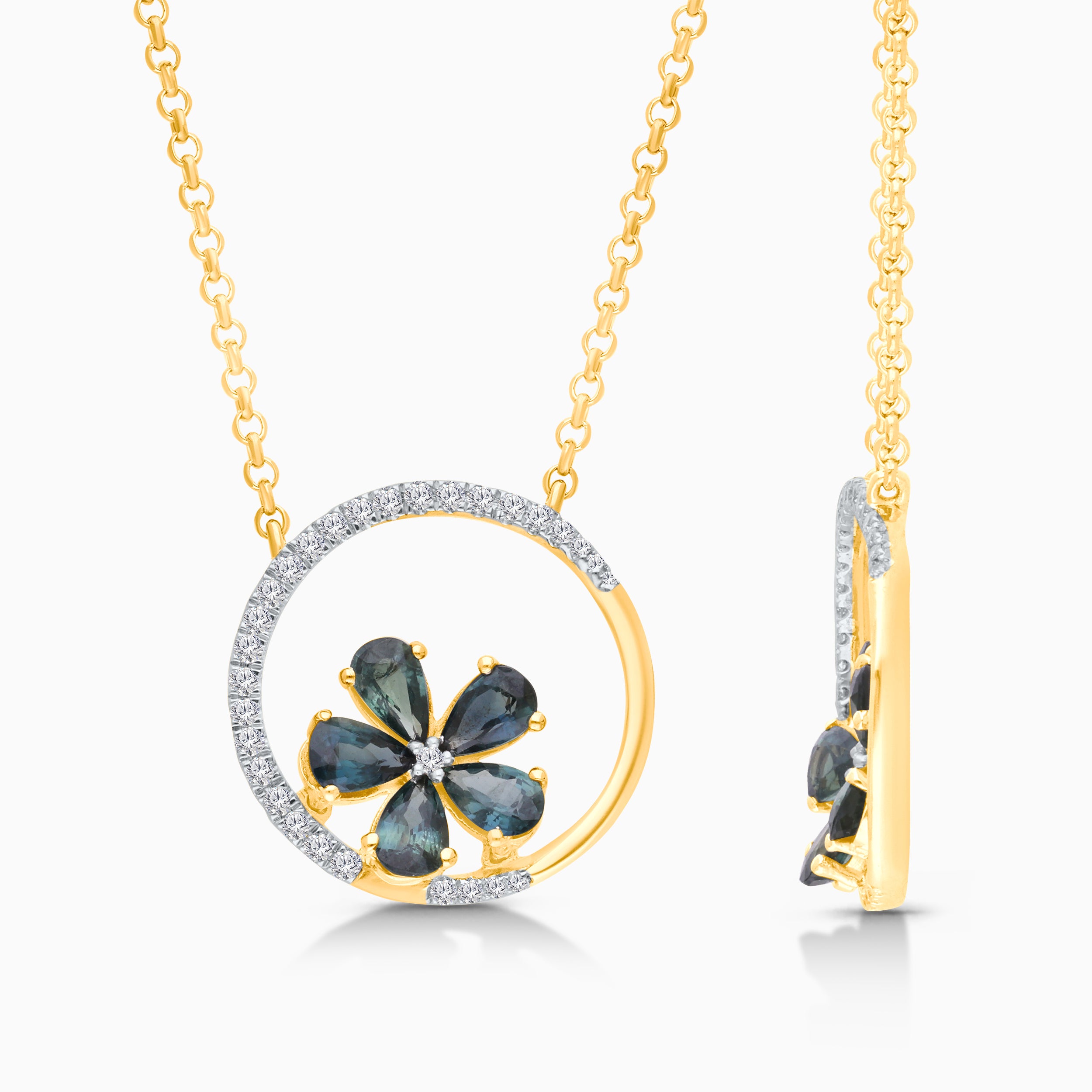 Teal Sapphire Flower & Diamond Necklace
