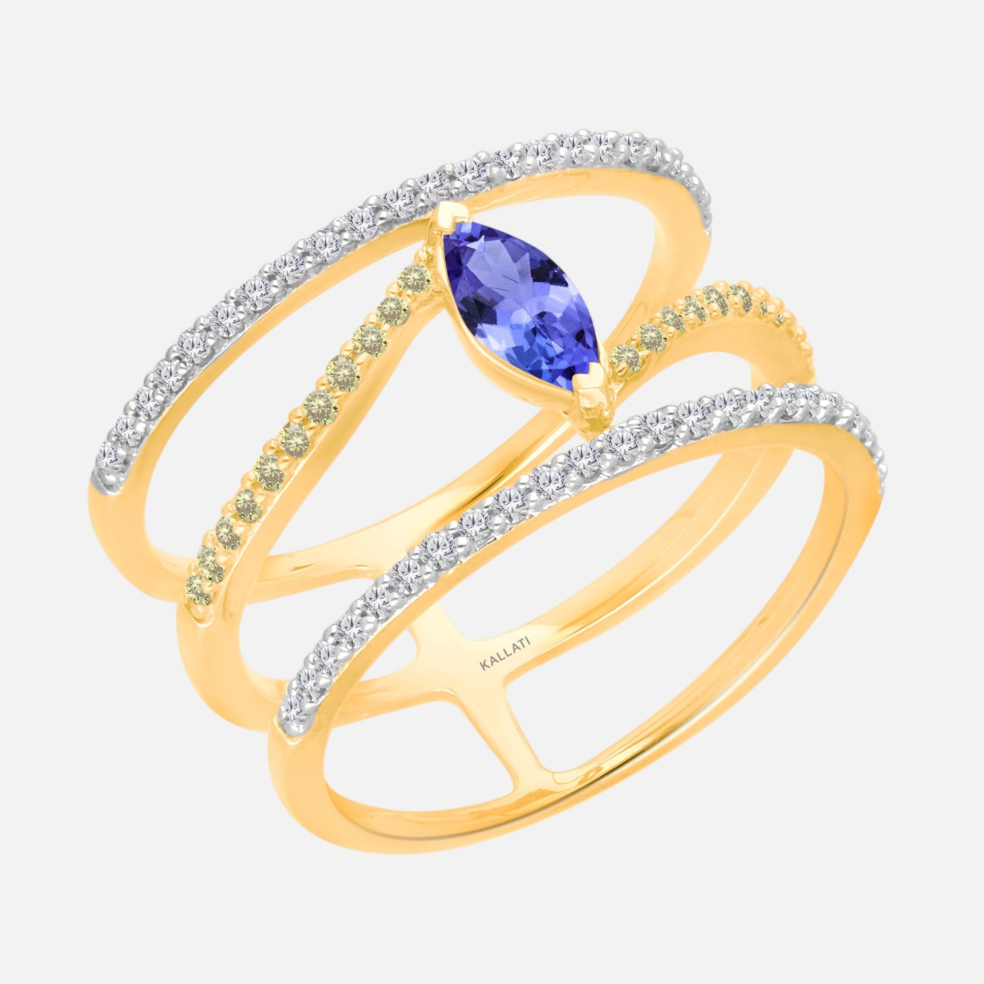 Dual Row Yellow & White Diamond Open Ring Tanzanite