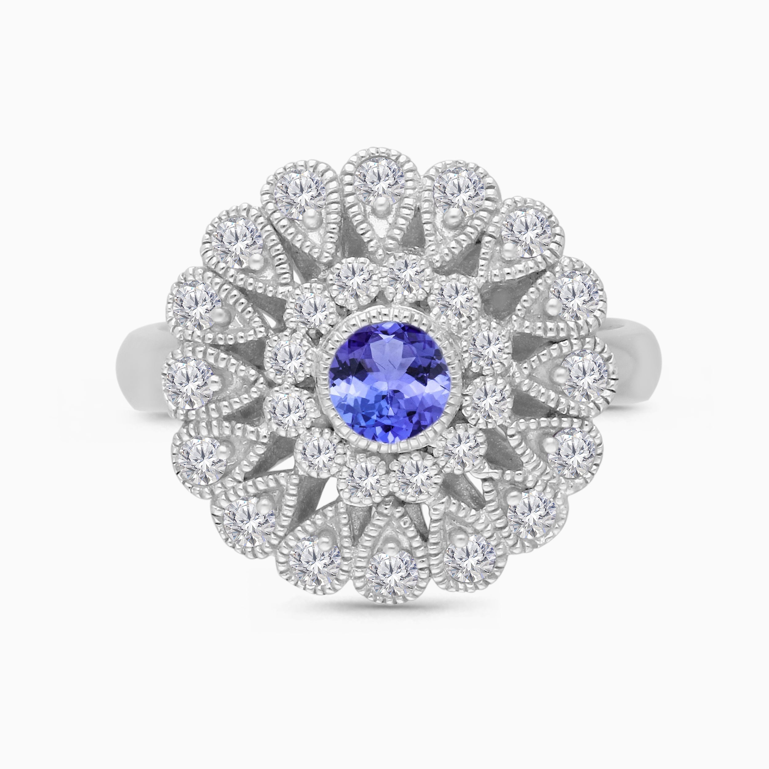 Large Tanzanite & Diamond Flower Ring Tanzanite