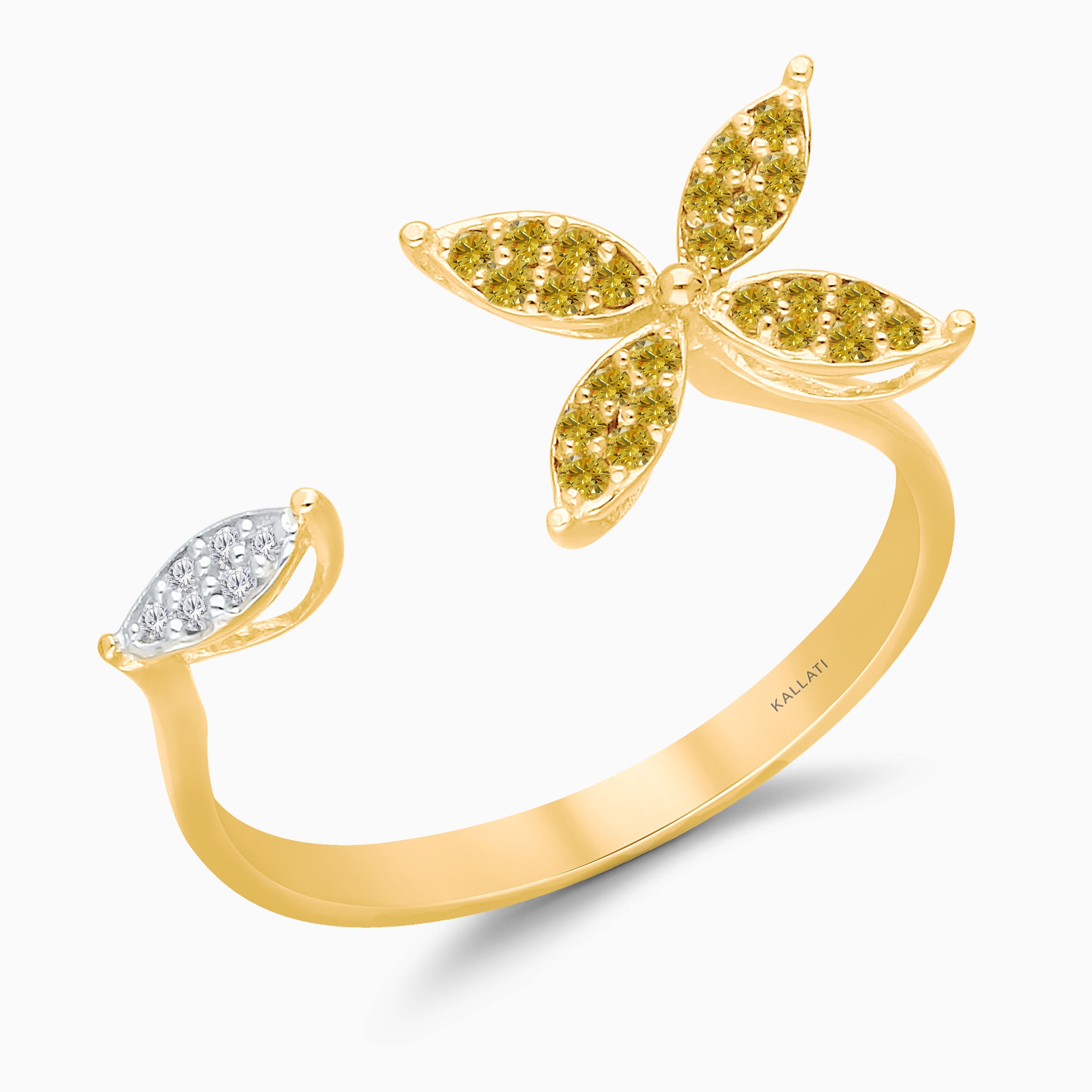 Yellow & White Diamond open Floral Ring