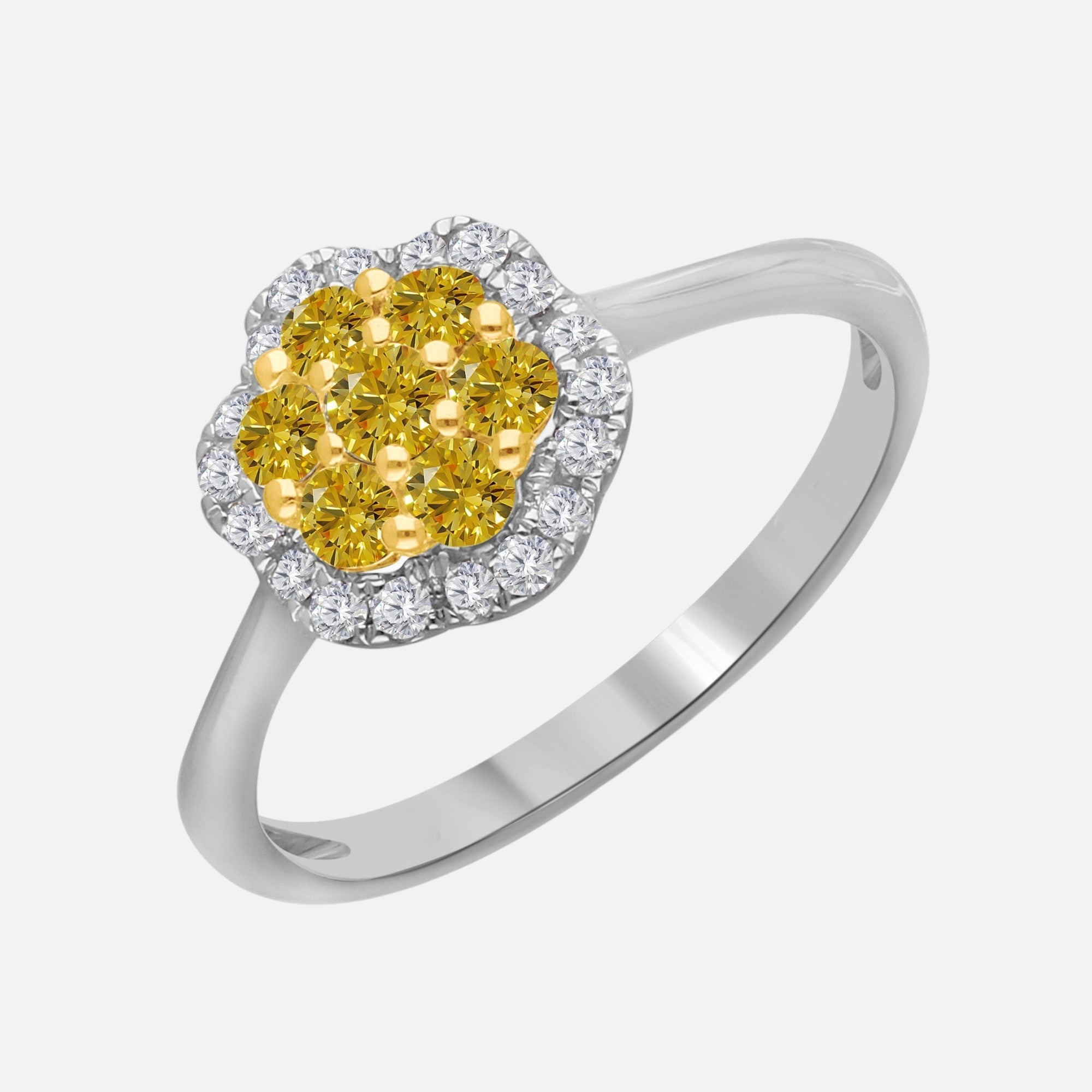 Pave Yellow and White Diamond Floral Ring Yellow Diamond