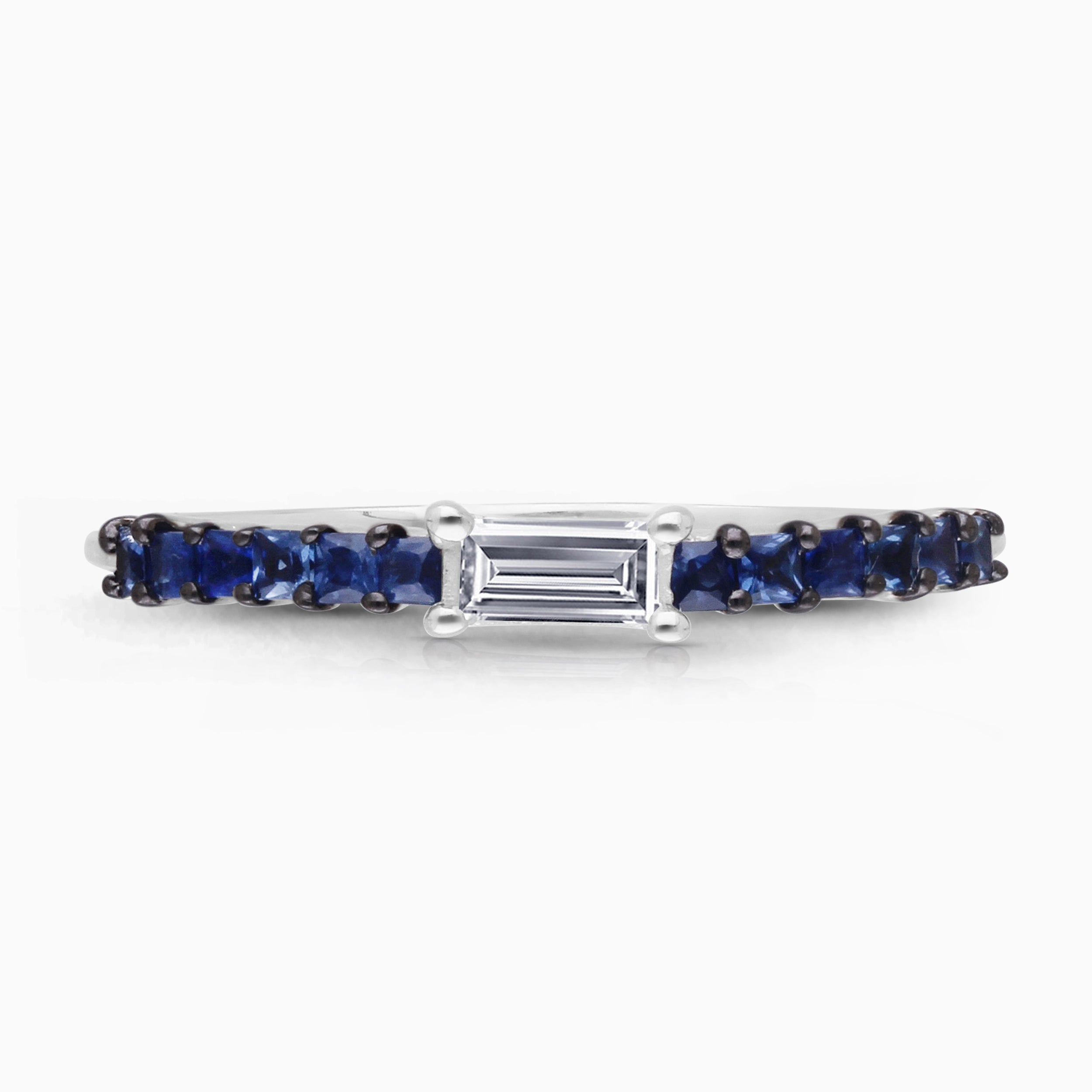 Solitaire White Diamond Baguette and Blue Sapphire Ring