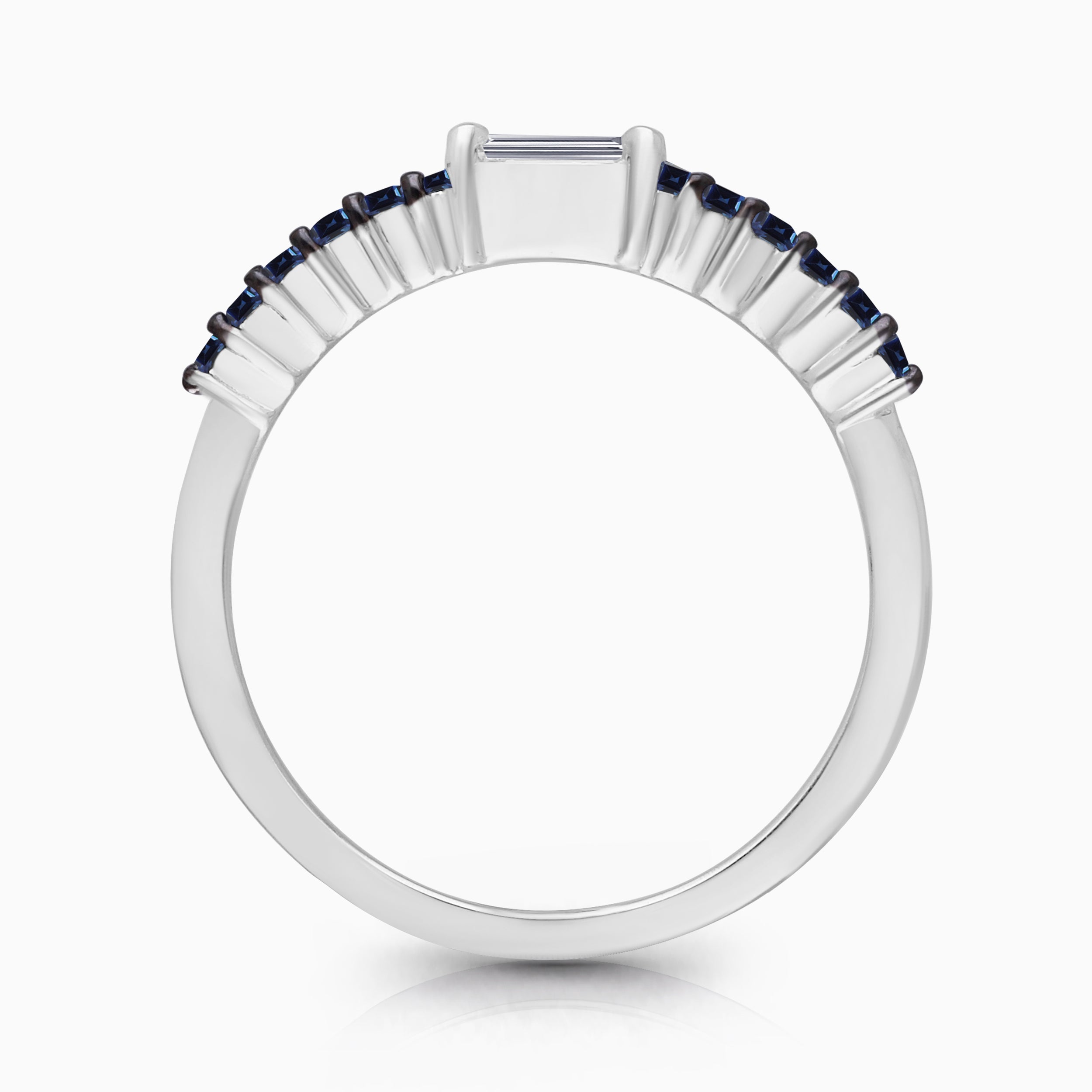 Solitaire White Diamond Baguette and Blue Sapphire Ring