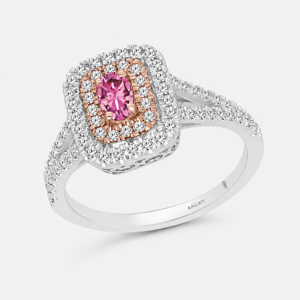 Duo Halo Pink Sapphire Split Shank Ring Pink Sapphire