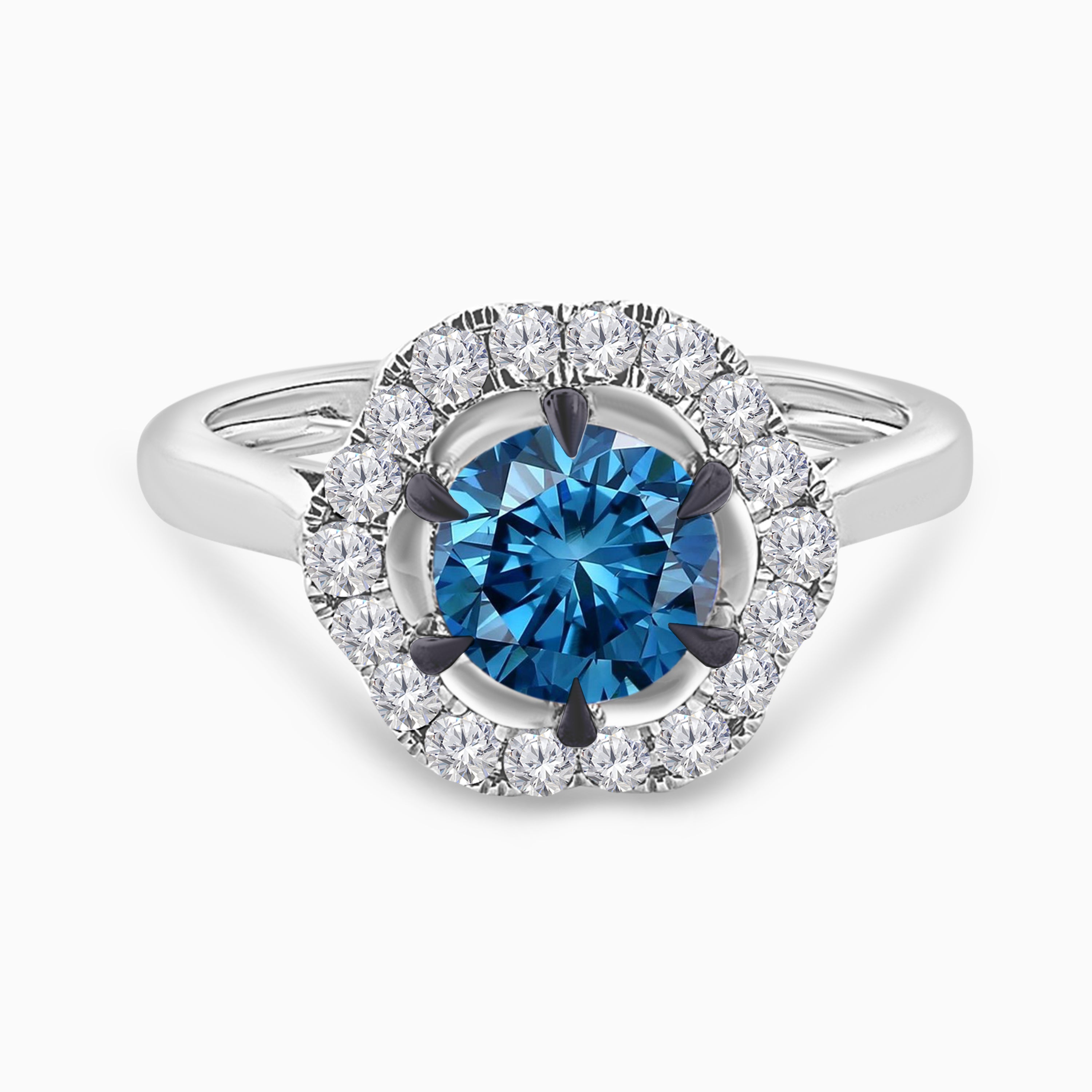 Curved Halo Blue Diamond Ring