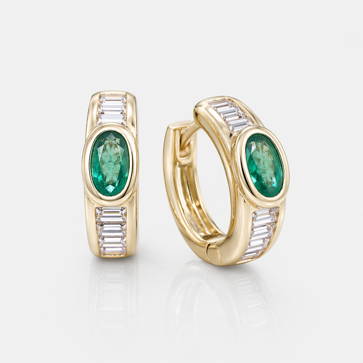 Oval Emerald and Baguette Diamond Huggies Emerald