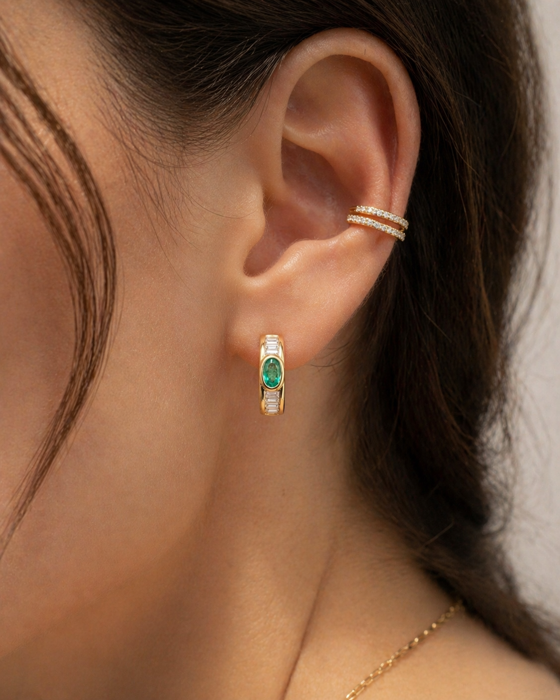 Oval Emerald and Baguette Diamond Huggies Emerald