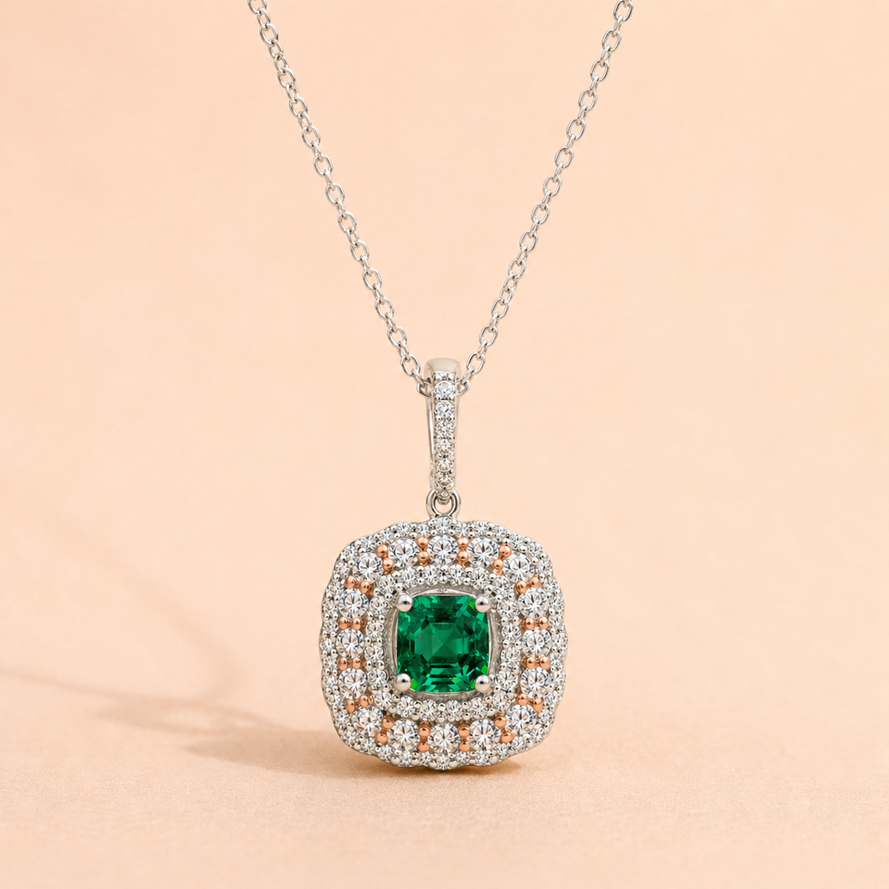 Rose & White Gold Colombian Emerald Diamond Pendant Emerald