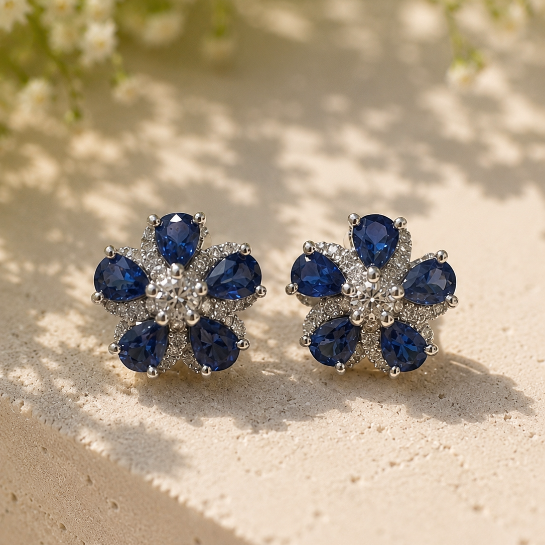 Flower Power Blue Sapphire and Diamond Studs Blue Sapphire